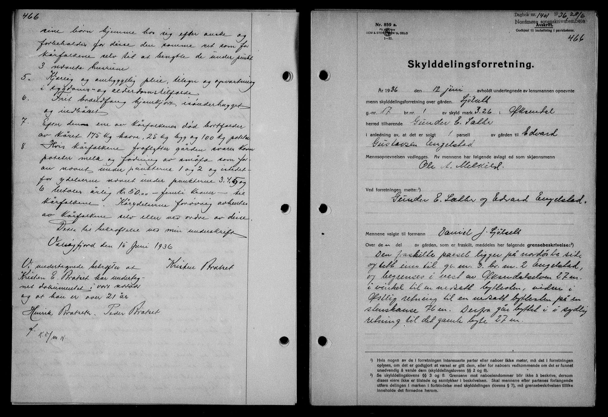 Nordmøre sorenskriveri, AV/SAT-A-4132/1/2/2Ca/L0088: Mortgage book no. 78, 1936-1936, Diary no: : 1401/1936