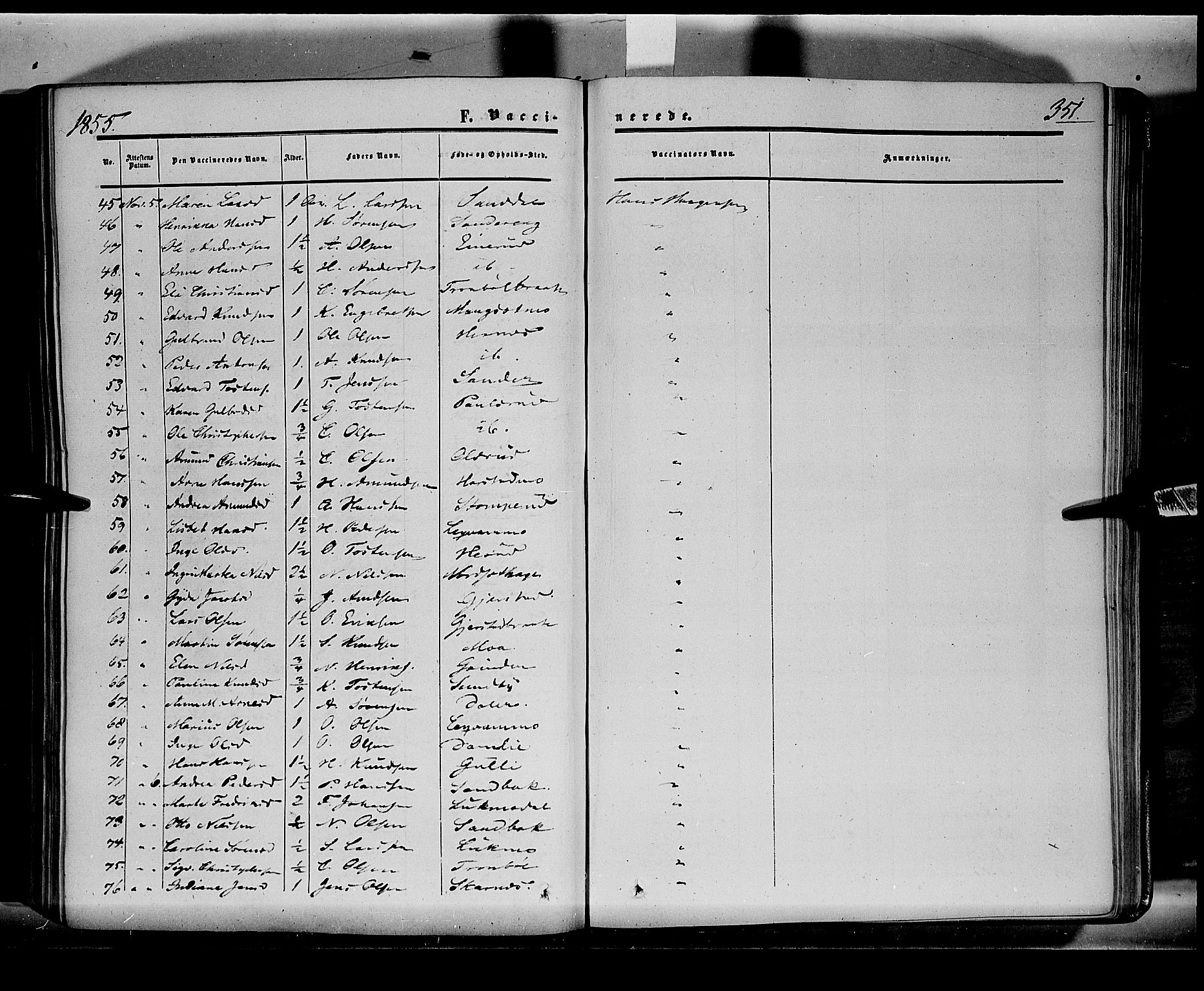 Sør-Odal prestekontor, AV/SAH-PREST-030/H/Ha/Haa/L0001: Parish register (official) no. 1, 1849-1859, p. 351