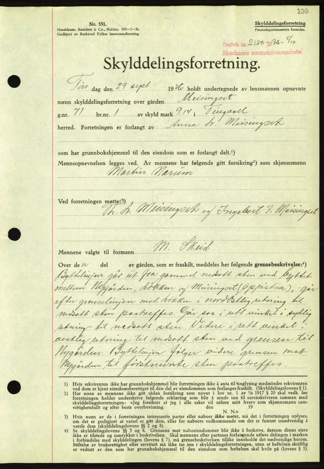 Nordmøre sorenskriveri, AV/SAT-A-4132/1/2/2Ca: Mortgage book no. A80, 1936-1937, Diary no: : 2180/1936