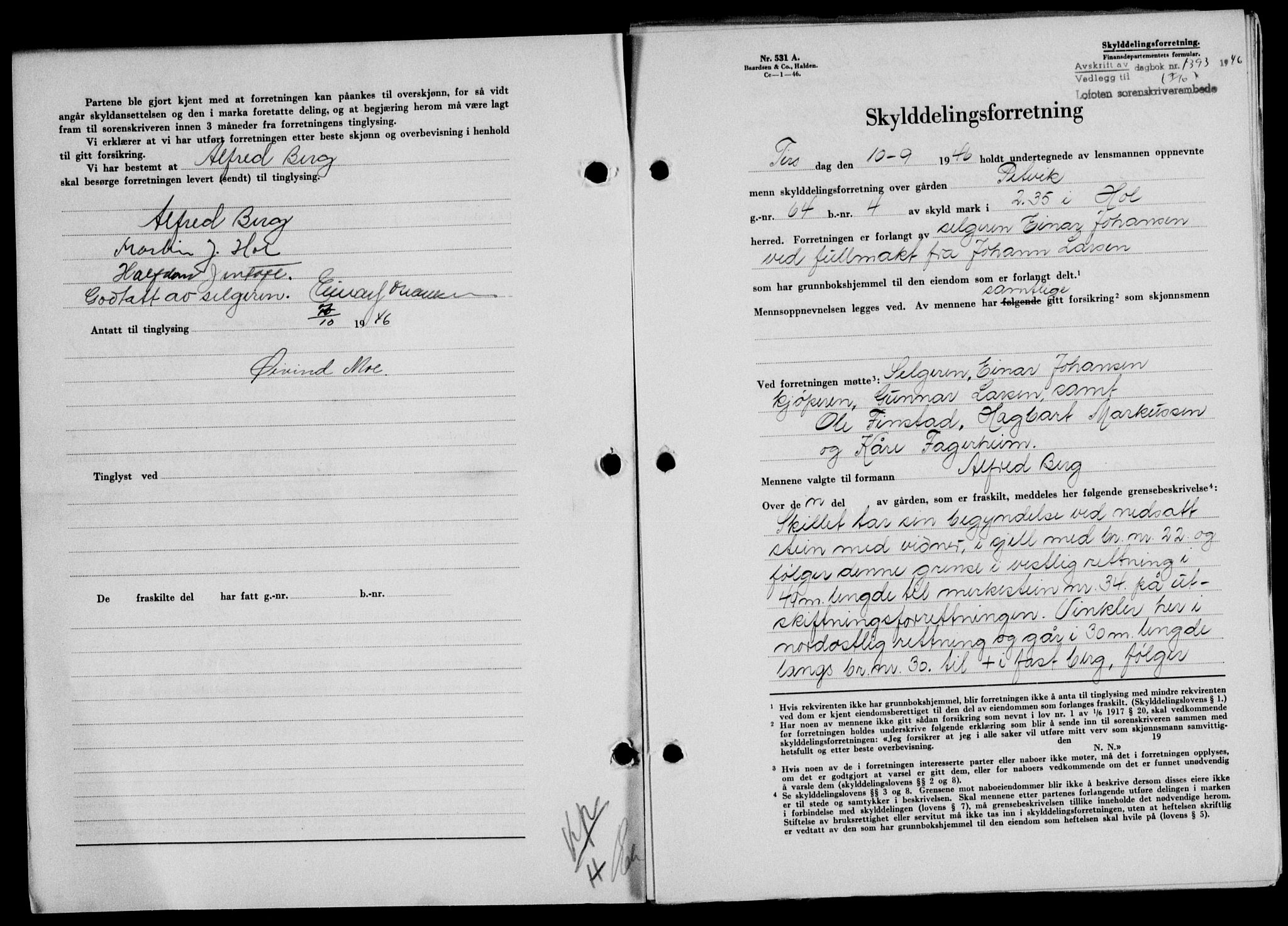 Lofoten sorenskriveri, SAT/A-0017/1/2/2C/L0014a: Mortgage book no. 14a, 1946-1946, Diary no: : 1393/1946