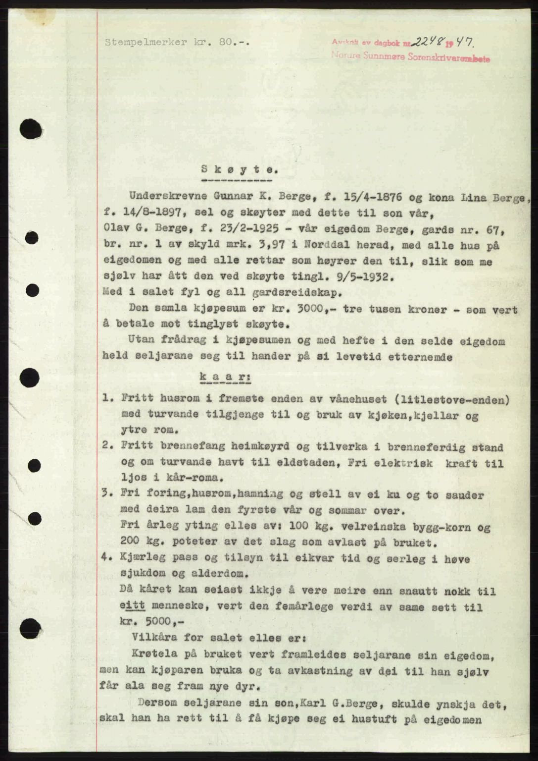 Nordre Sunnmøre sorenskriveri, AV/SAT-A-0006/1/2/2C/2Ca: Mortgage book no. A26, 1947-1948, Diary no: : 2248/1947