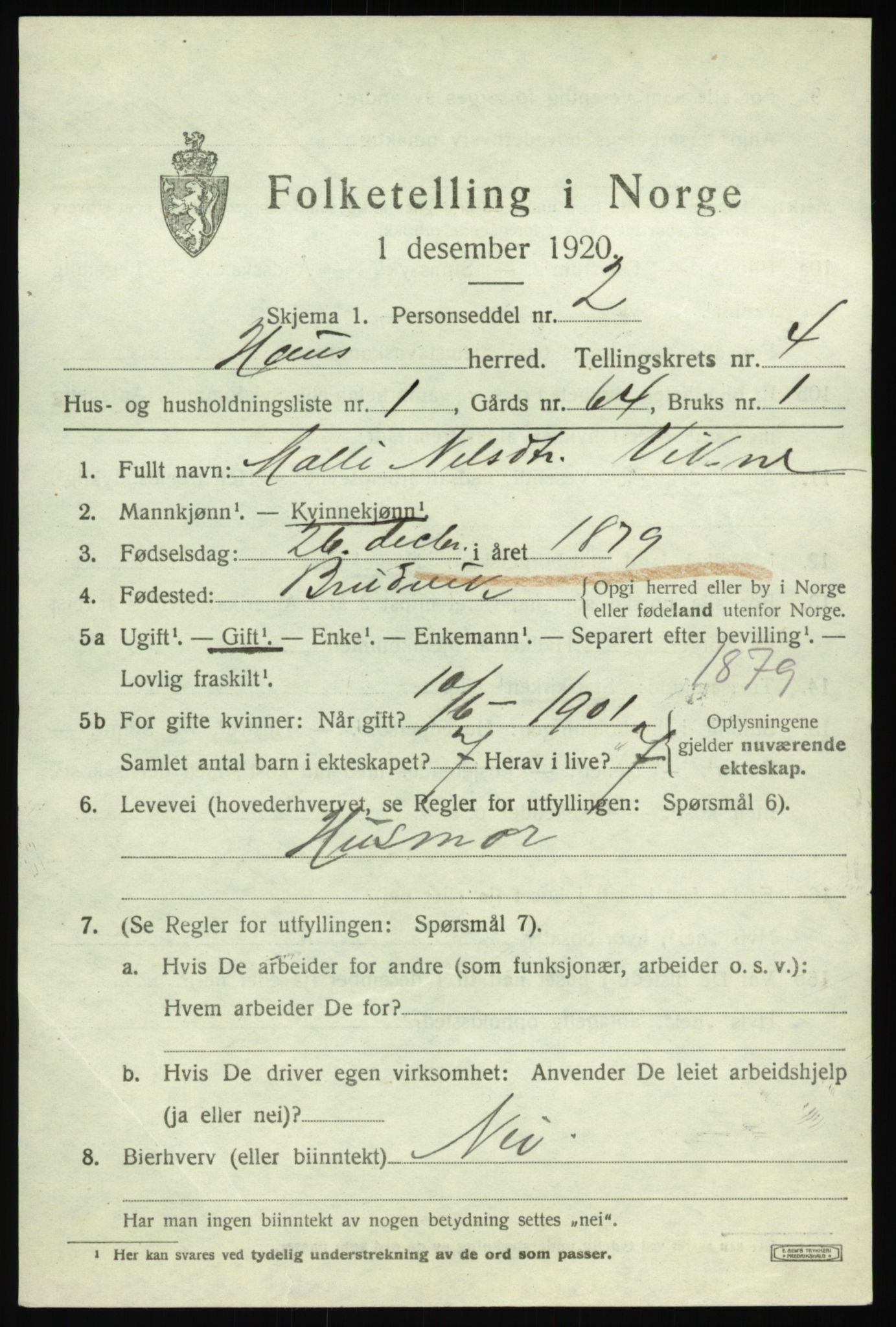 SAB, 1920 census for Haus, 1920, p. 2873