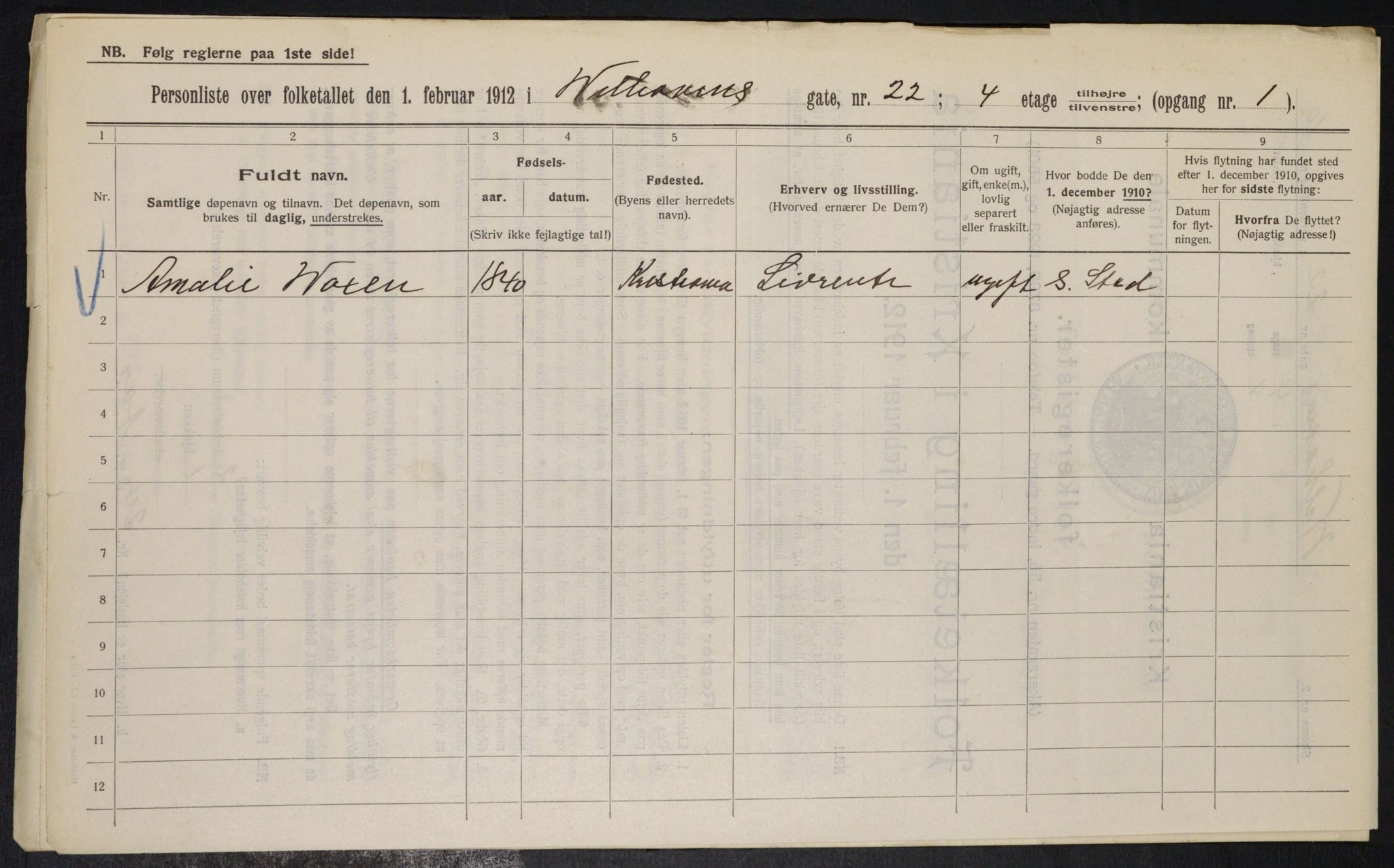 OBA, Municipal Census 1912 for Kristiania, 1912, p. 127707