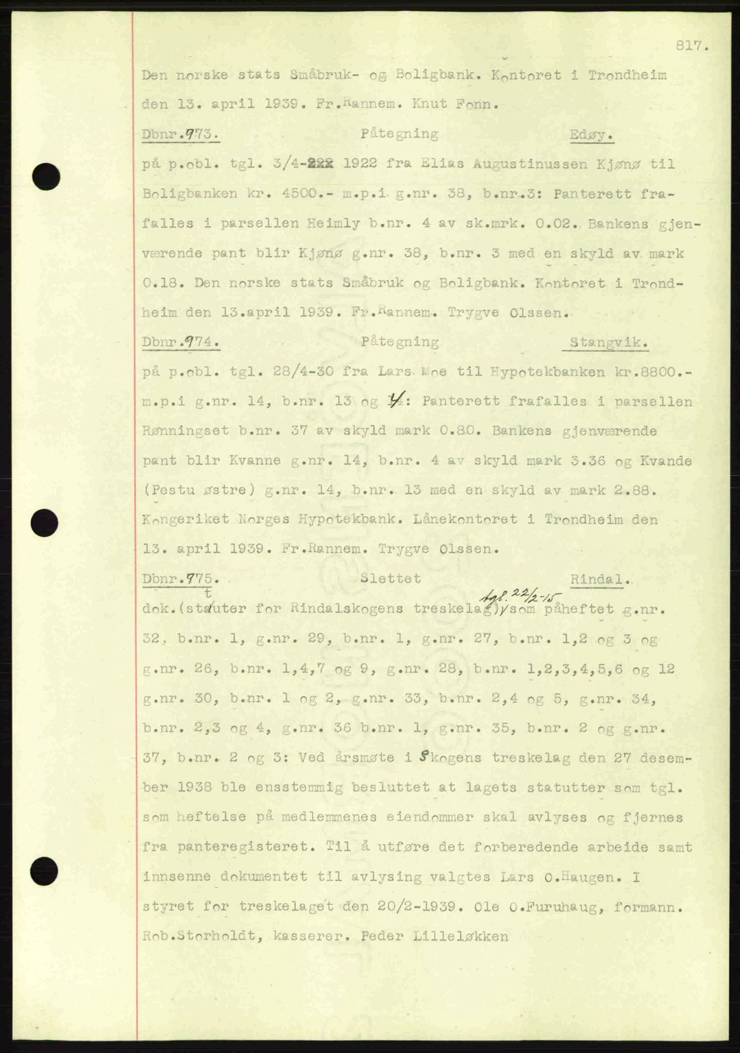 Nordmøre sorenskriveri, AV/SAT-A-4132/1/2/2Ca: Mortgage book no. C80, 1936-1939, Diary no: : 973/1939