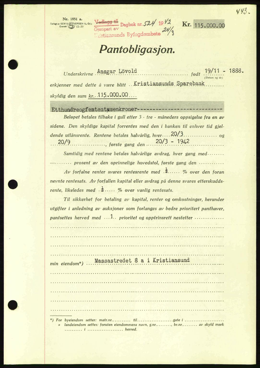 Kristiansund byfogd, AV/SAT-A-4587/A/27: Mortgage book no. 35, 1941-1942, Diary no: : 524/1942