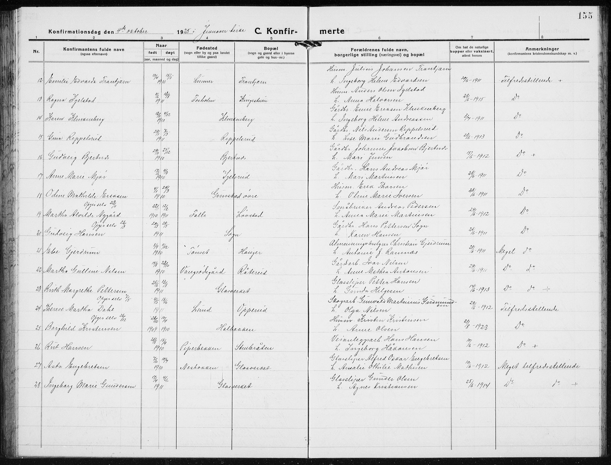 Jevnaker prestekontor, SAH/PREST-116/H/Ha/Hab/L0005: Parish register (copy) no. 5, 1919-1934, p. 155