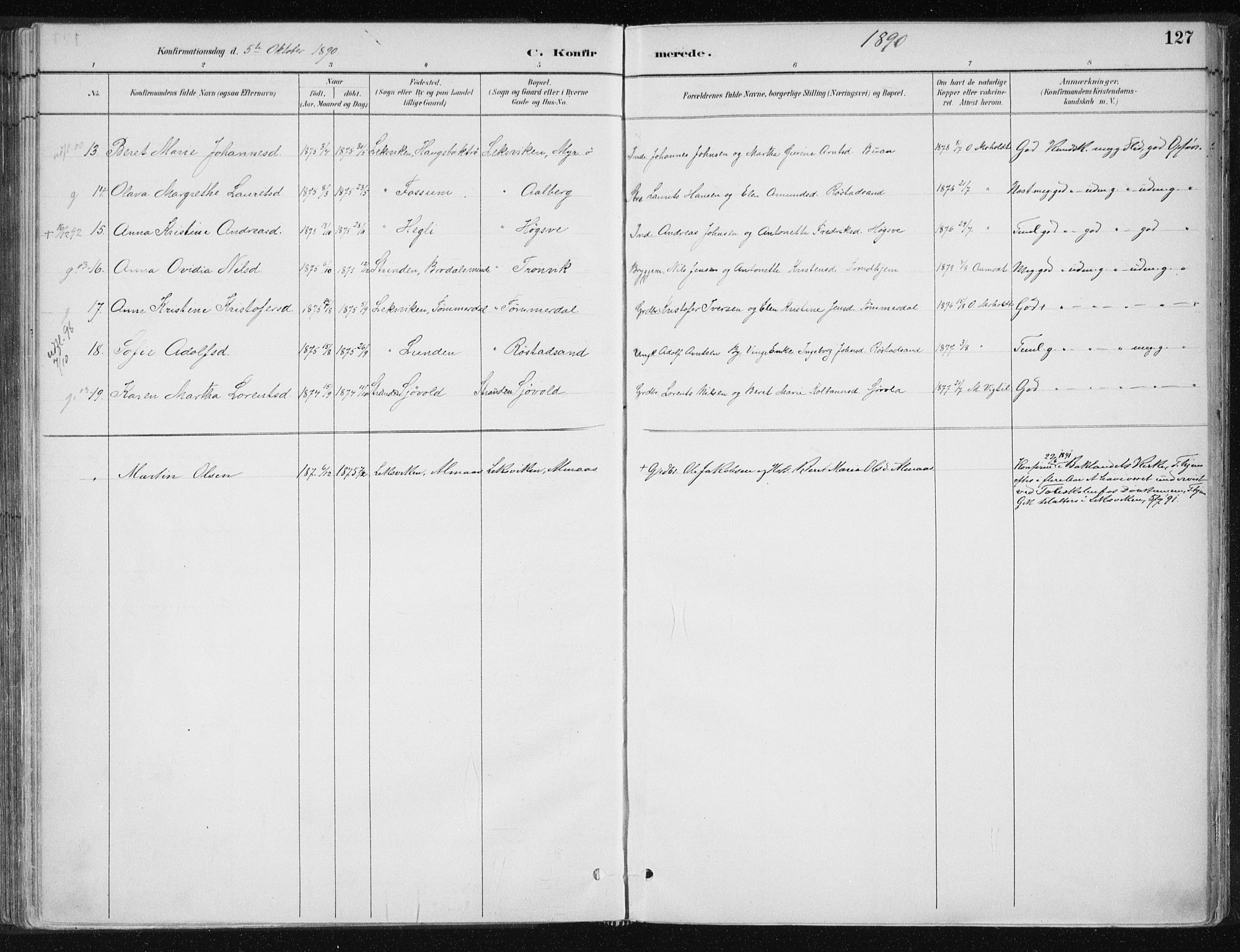 Ministerialprotokoller, klokkerbøker og fødselsregistre - Nord-Trøndelag, SAT/A-1458/701/L0010: Parish register (official) no. 701A10, 1883-1899, p. 127