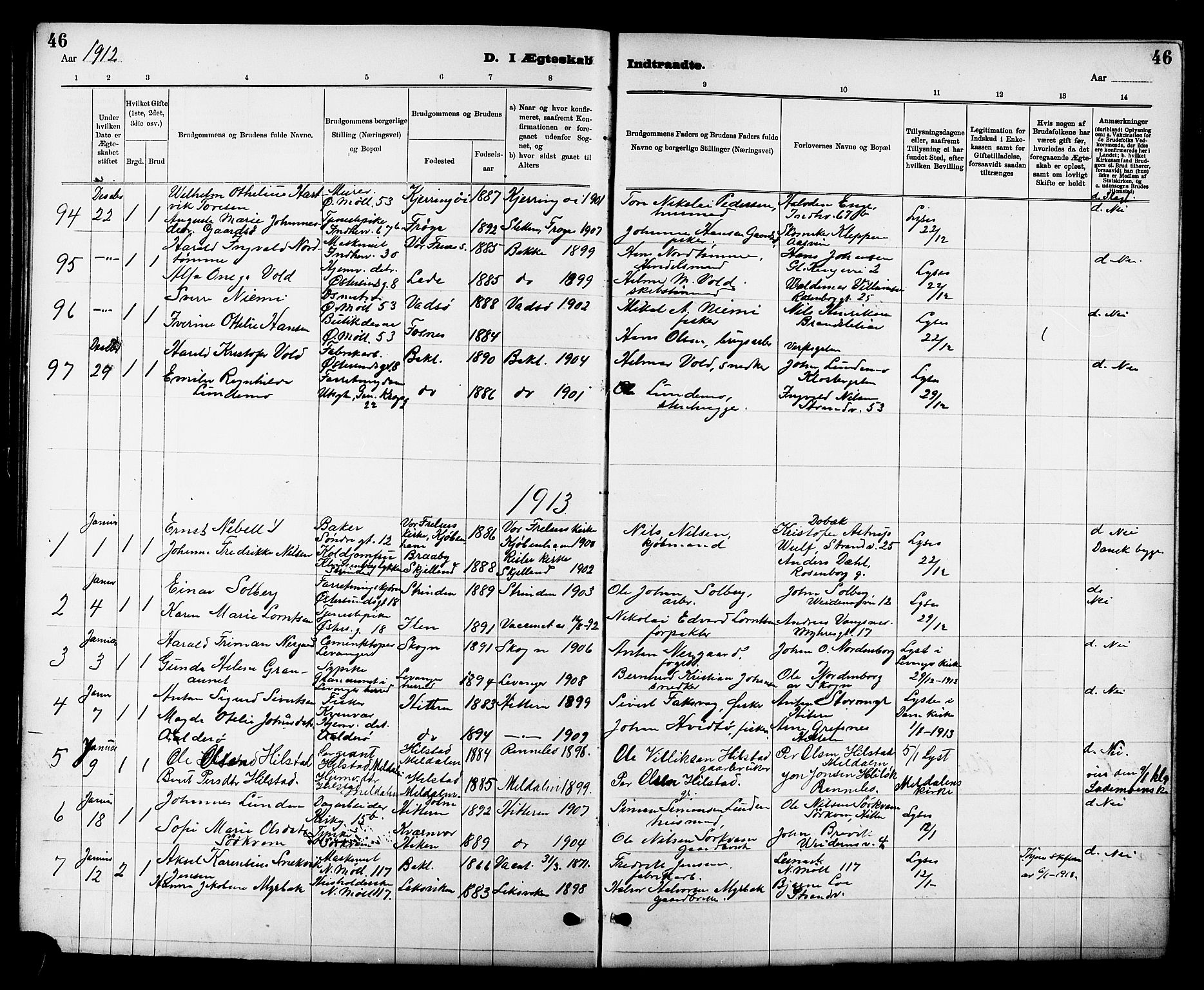Ministerialprotokoller, klokkerbøker og fødselsregistre - Sør-Trøndelag, SAT/A-1456/605/L0255: Parish register (copy) no. 605C02, 1908-1918, p. 46