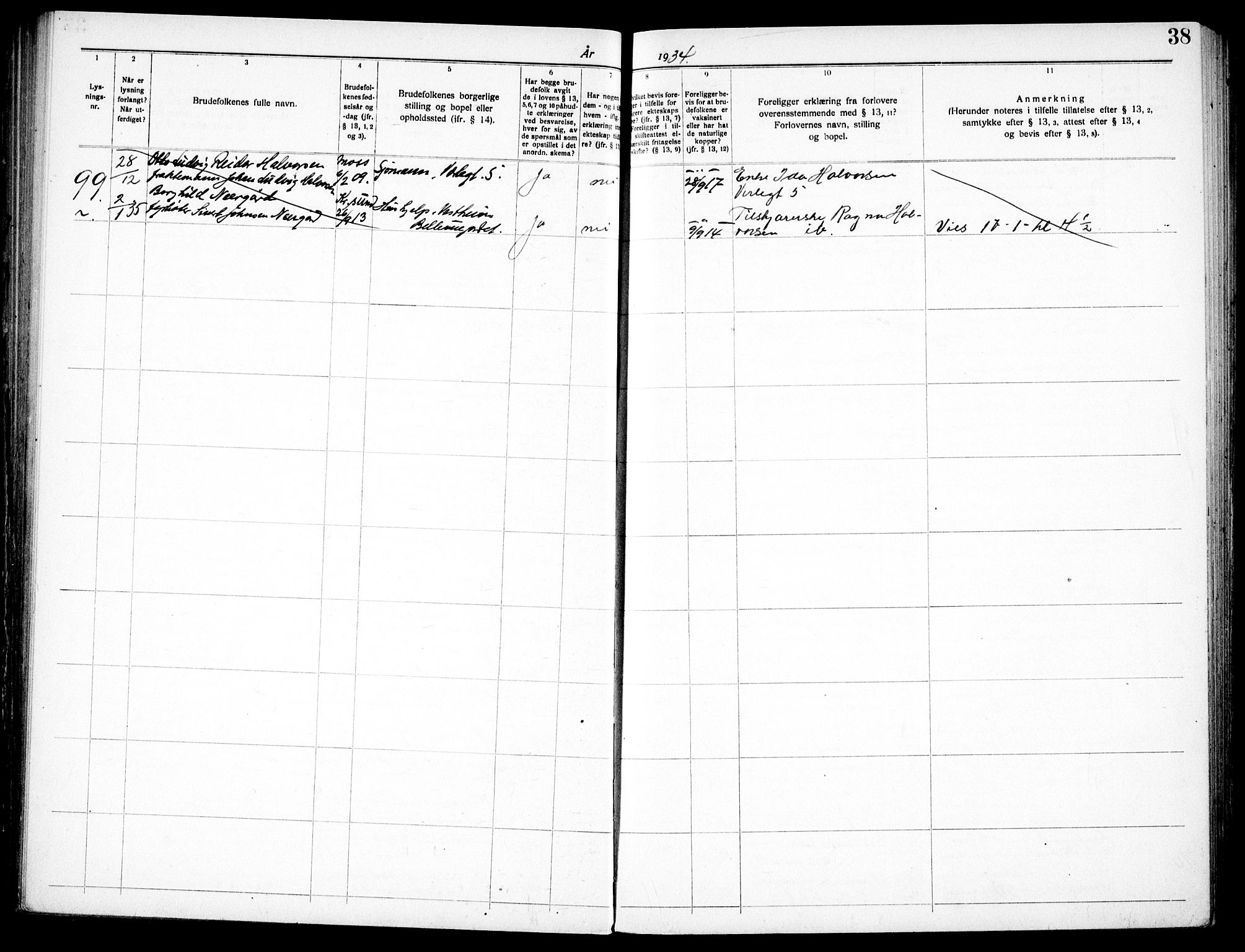 Moss prestekontor Kirkebøker, SAO/A-2003/H/Ha/L0003: Banns register no. 3, 1931-1939, p. 38