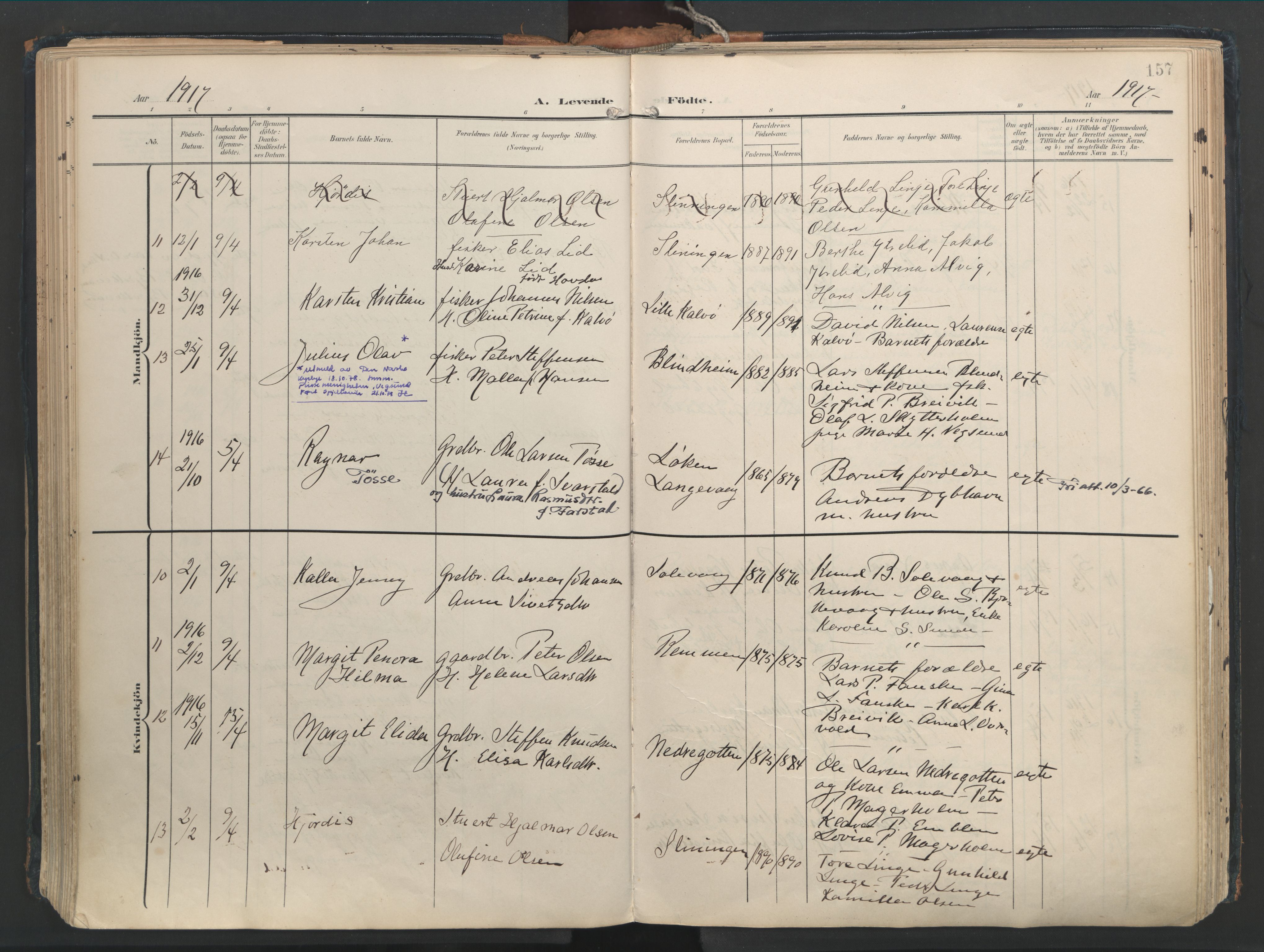 Ministerialprotokoller, klokkerbøker og fødselsregistre - Møre og Romsdal, SAT/A-1454/528/L0411: Parish register (official) no. 528A20, 1907-1920, p. 157