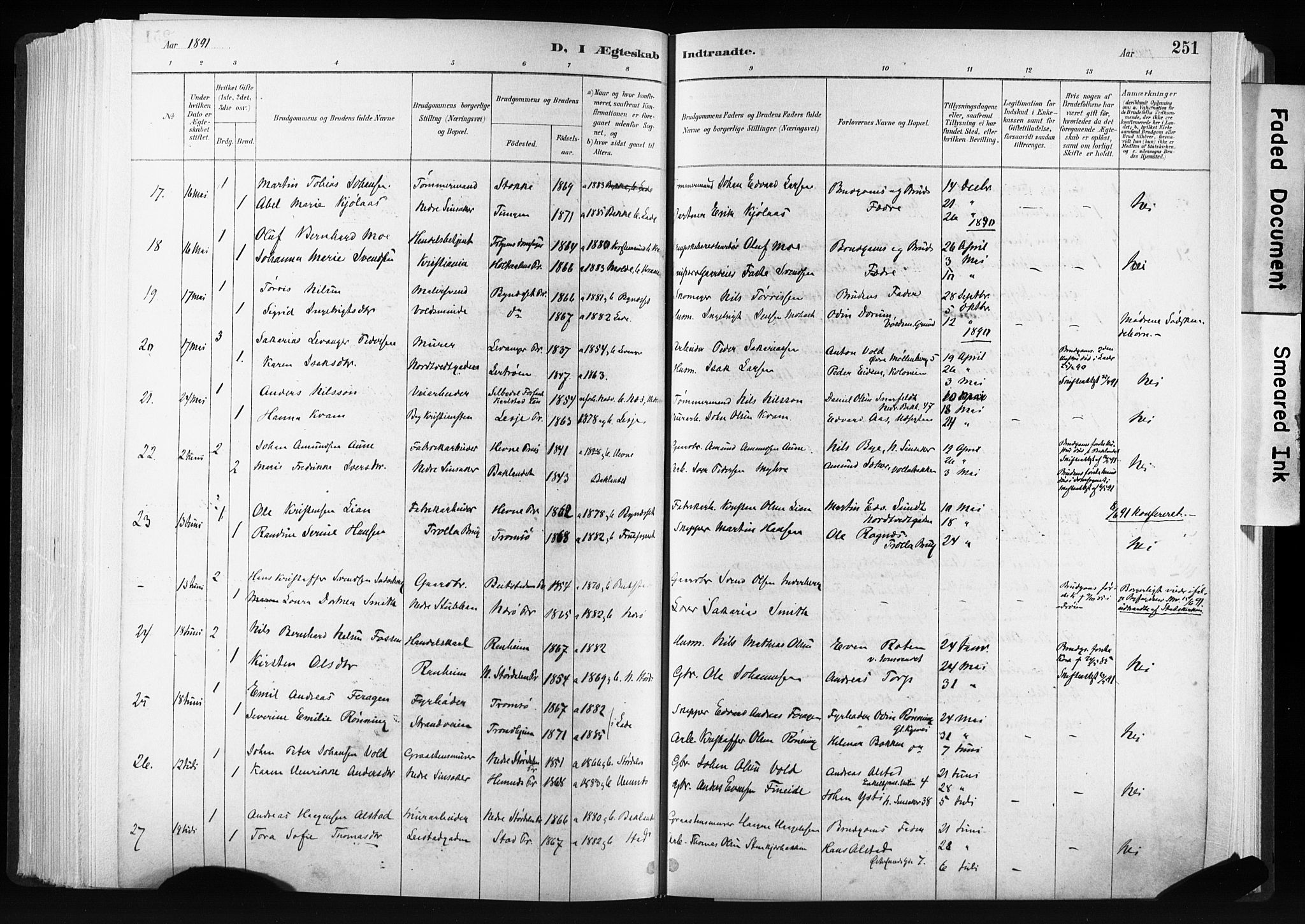 Ministerialprotokoller, klokkerbøker og fødselsregistre - Sør-Trøndelag, AV/SAT-A-1456/606/L0300: Parish register (official) no. 606A15, 1886-1893, p. 251