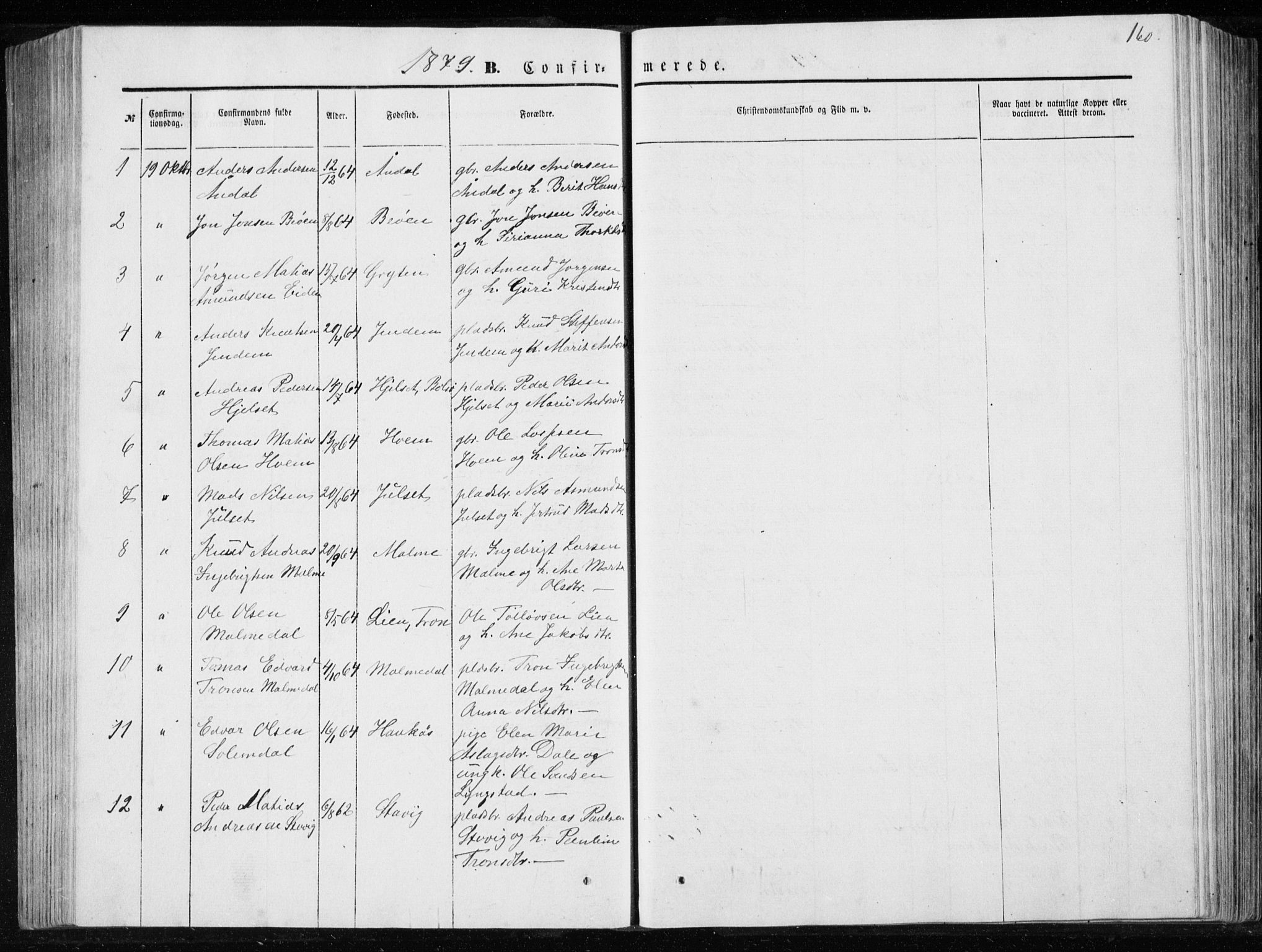 Ministerialprotokoller, klokkerbøker og fødselsregistre - Møre og Romsdal, SAT/A-1454/565/L0754: Parish register (copy) no. 565C03, 1870-1896, p. 160