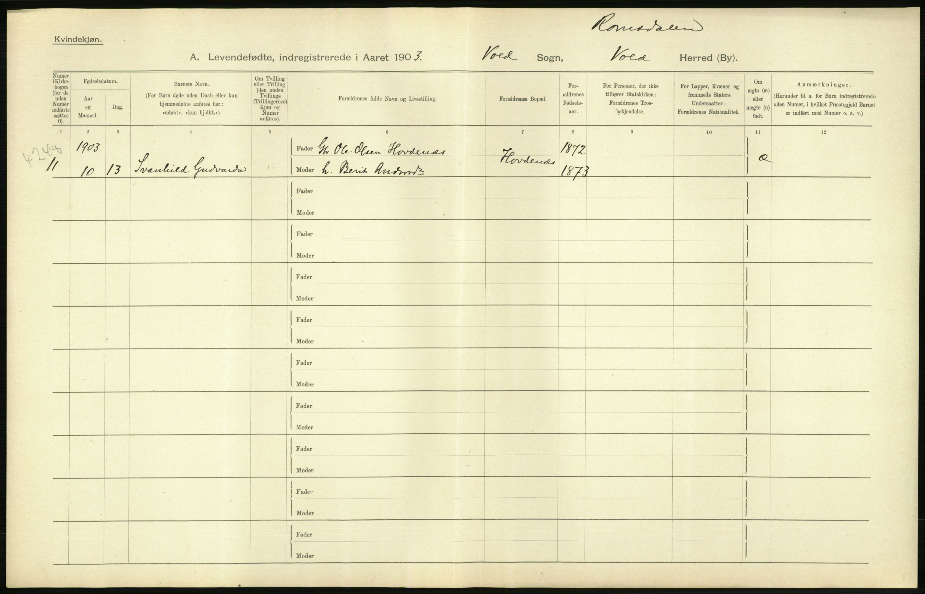 Statistisk sentralbyrå, Sosiodemografiske emner, Befolkning, AV/RA-S-2228/D/Df/Dfa/Dfaa/L0016: Romsdal amt: Fødte, gifte, døde., 1903, p. 44