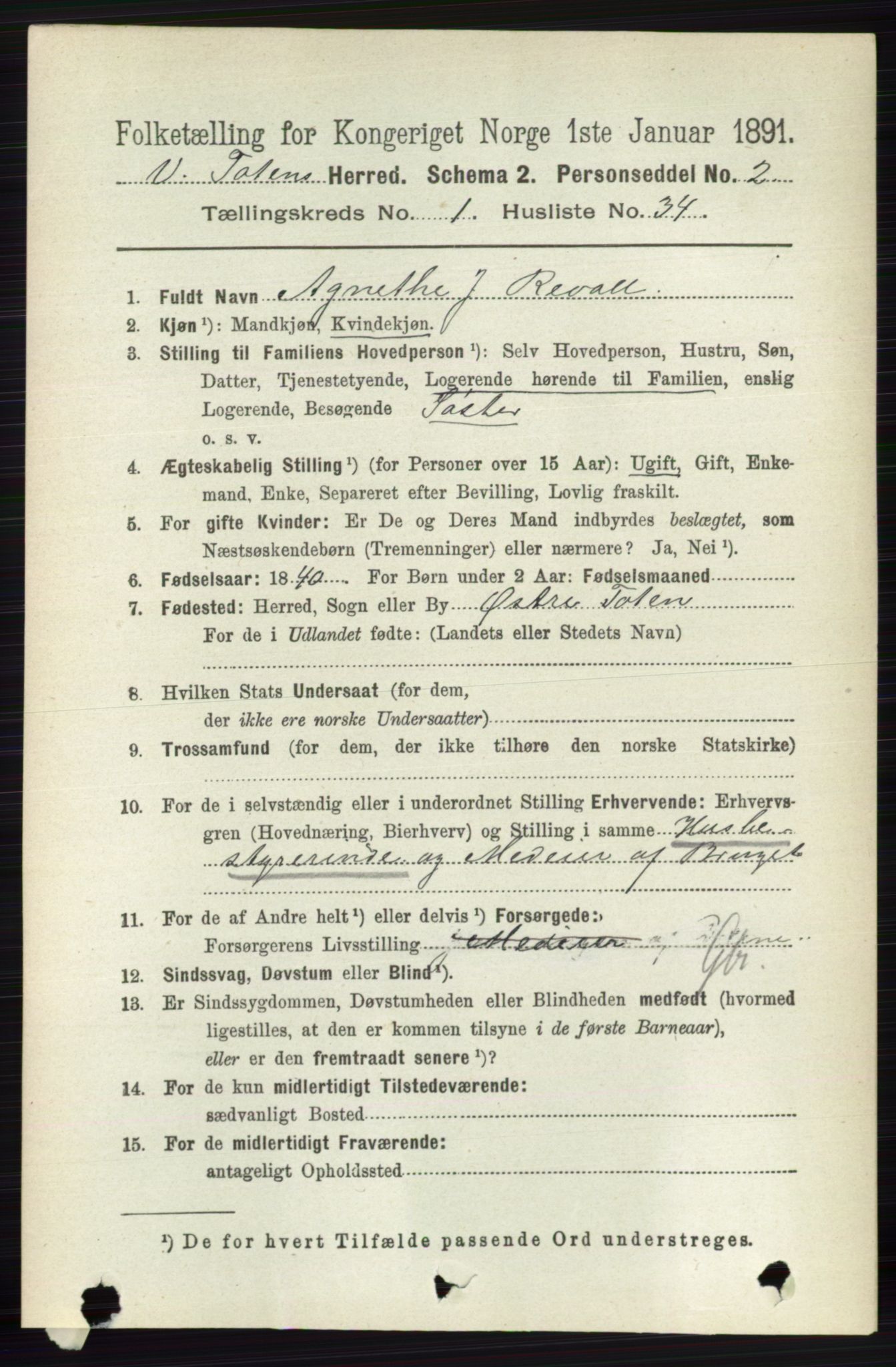 RA, 1891 census for 0529 Vestre Toten, 1891, p. 402