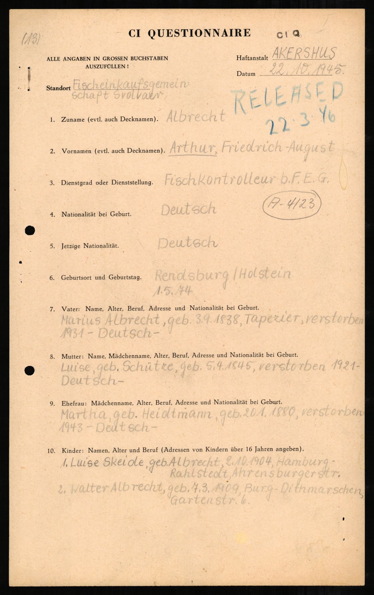 Forsvaret, Forsvarets overkommando II, AV/RA-RAFA-3915/D/Db/L0001: CI Questionaires. Tyske okkupasjonsstyrker i Norge. Tyskere., 1945-1946, p. 125