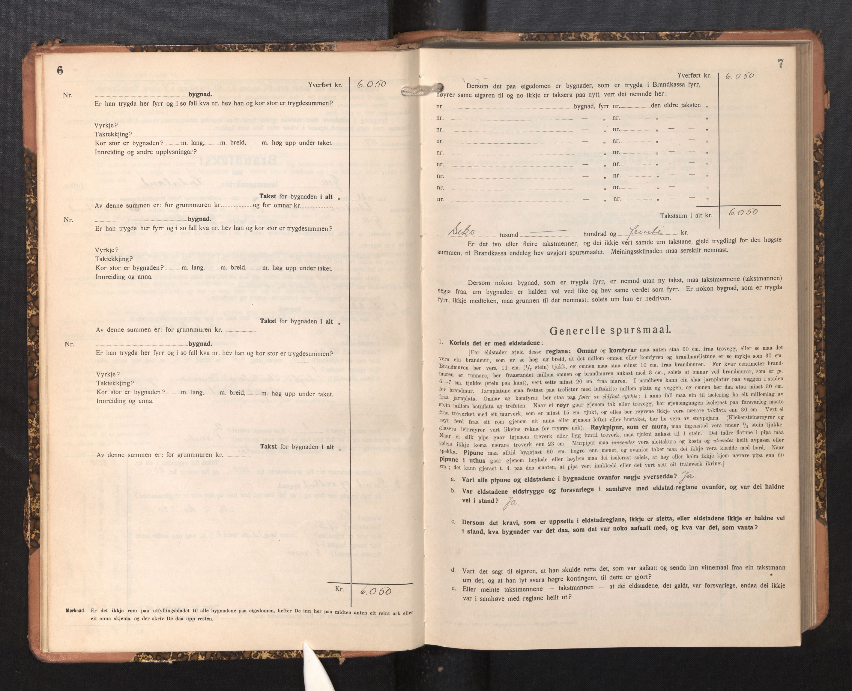 Lensmannen i Fjell, AV/SAB-A-32301/0012/L0006: Branntakstprotokoll, skjematakst, 1931-1945, p. 6-7