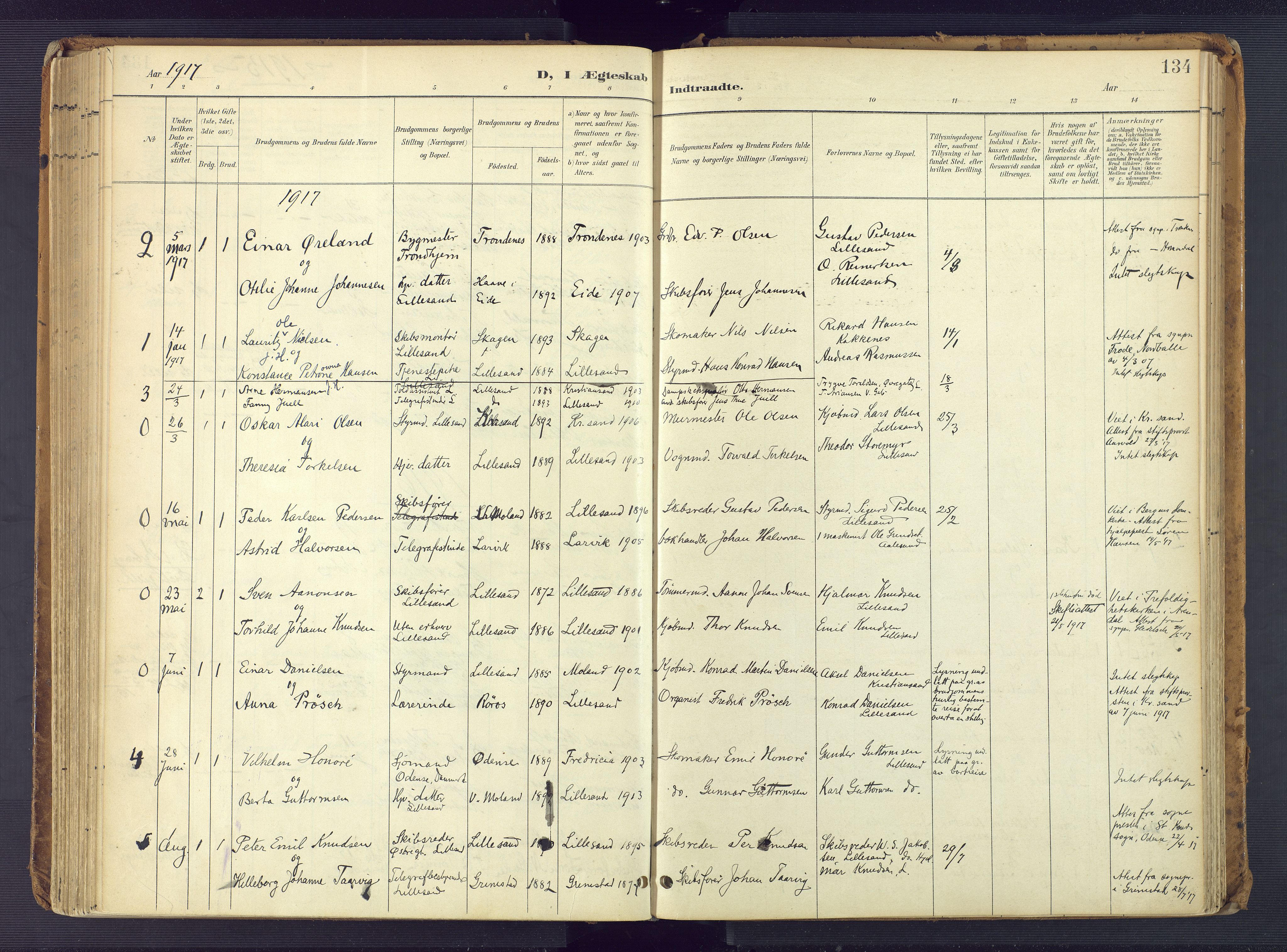 Vestre Moland sokneprestkontor, SAK/1111-0046/F/Fa/Faa/L0002: Parish register (official) no. A 2, 1900-1926, p. 134