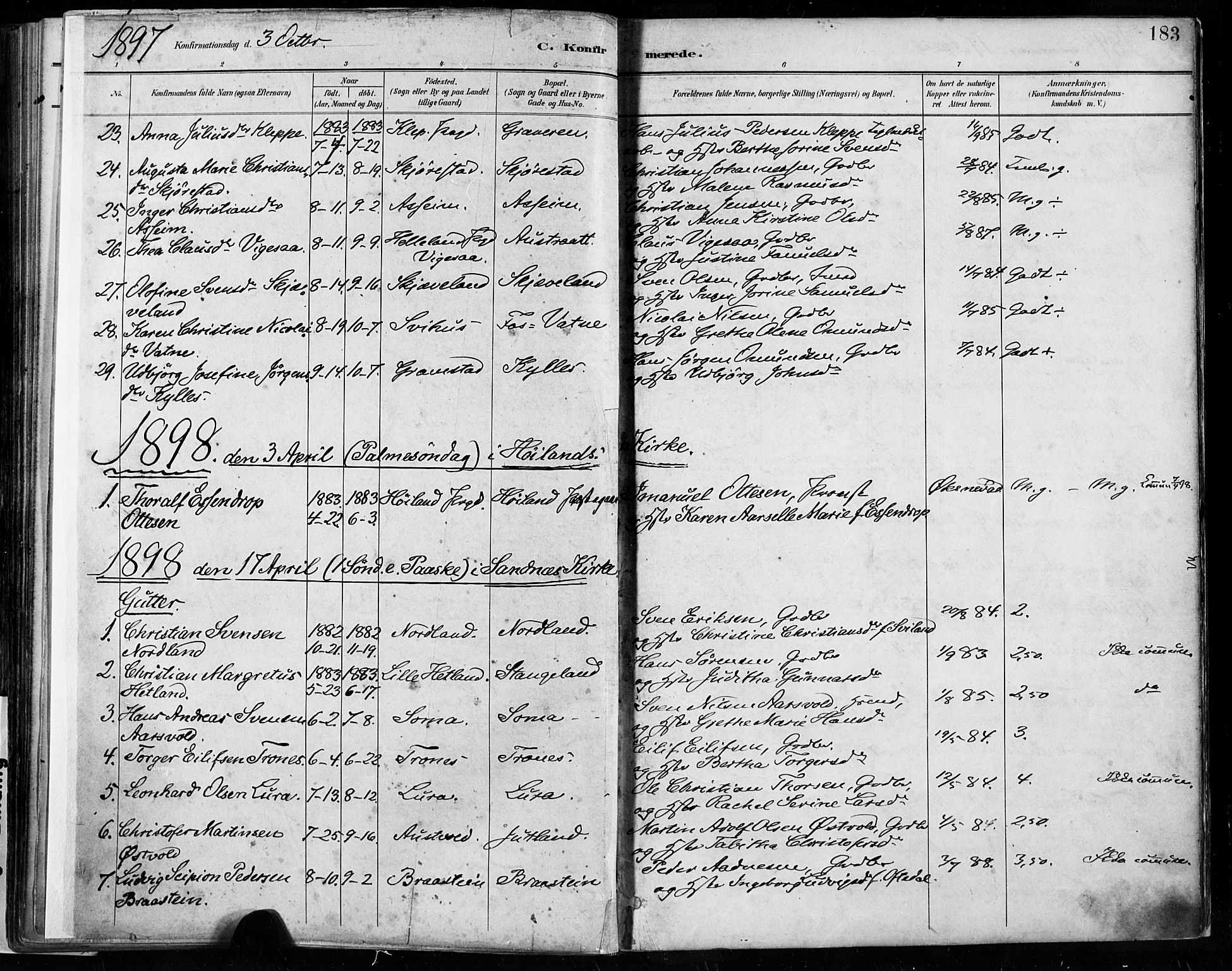 Høyland sokneprestkontor, SAST/A-101799/001/30BA/L0013: Parish register (official) no. A 13.1, 1889-1898, p. 183