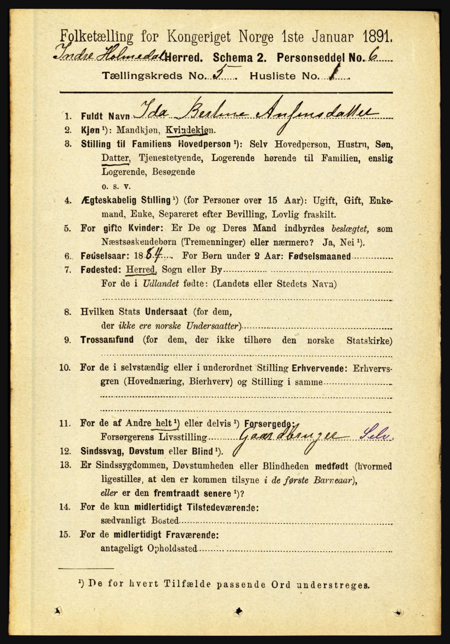 RA, 1891 census for 1430 Indre Holmedal, 1891, p. 1908