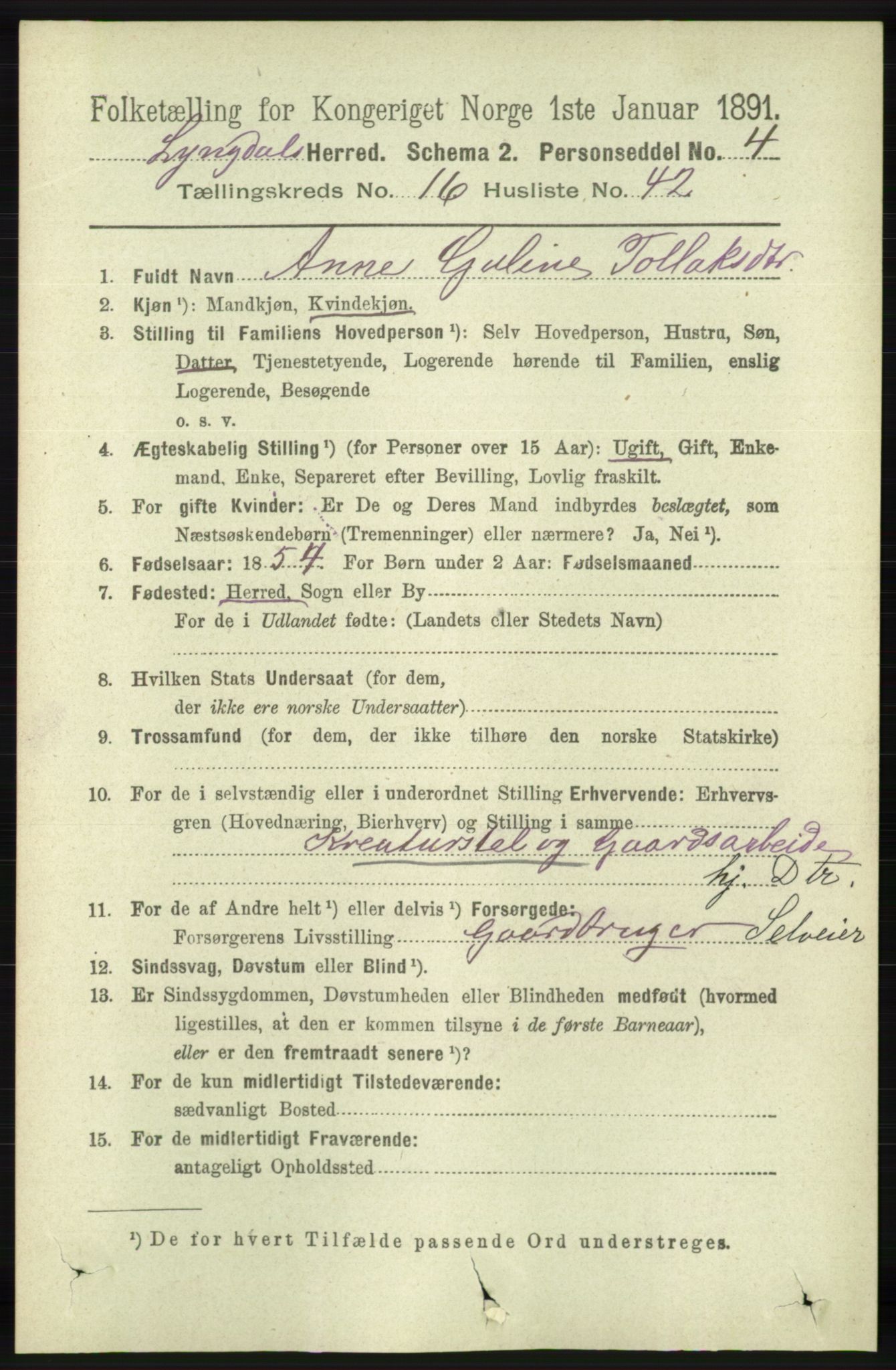 RA, 1891 census for 1032 Lyngdal, 1891, p. 6470