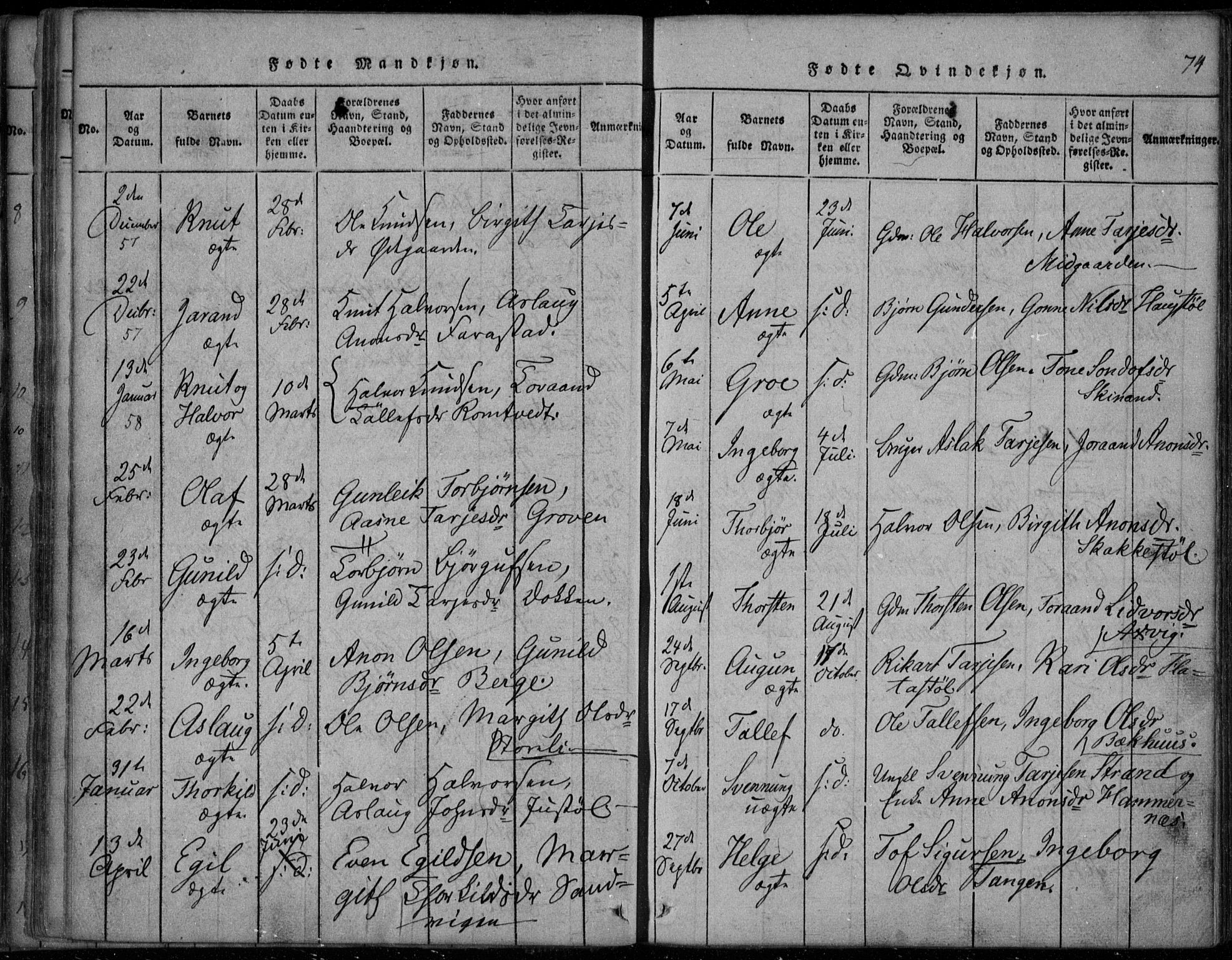 Rauland kirkebøker, AV/SAKO-A-292/F/Fa/L0001: Parish register (official) no. I 1, 1814-1859, p. 74