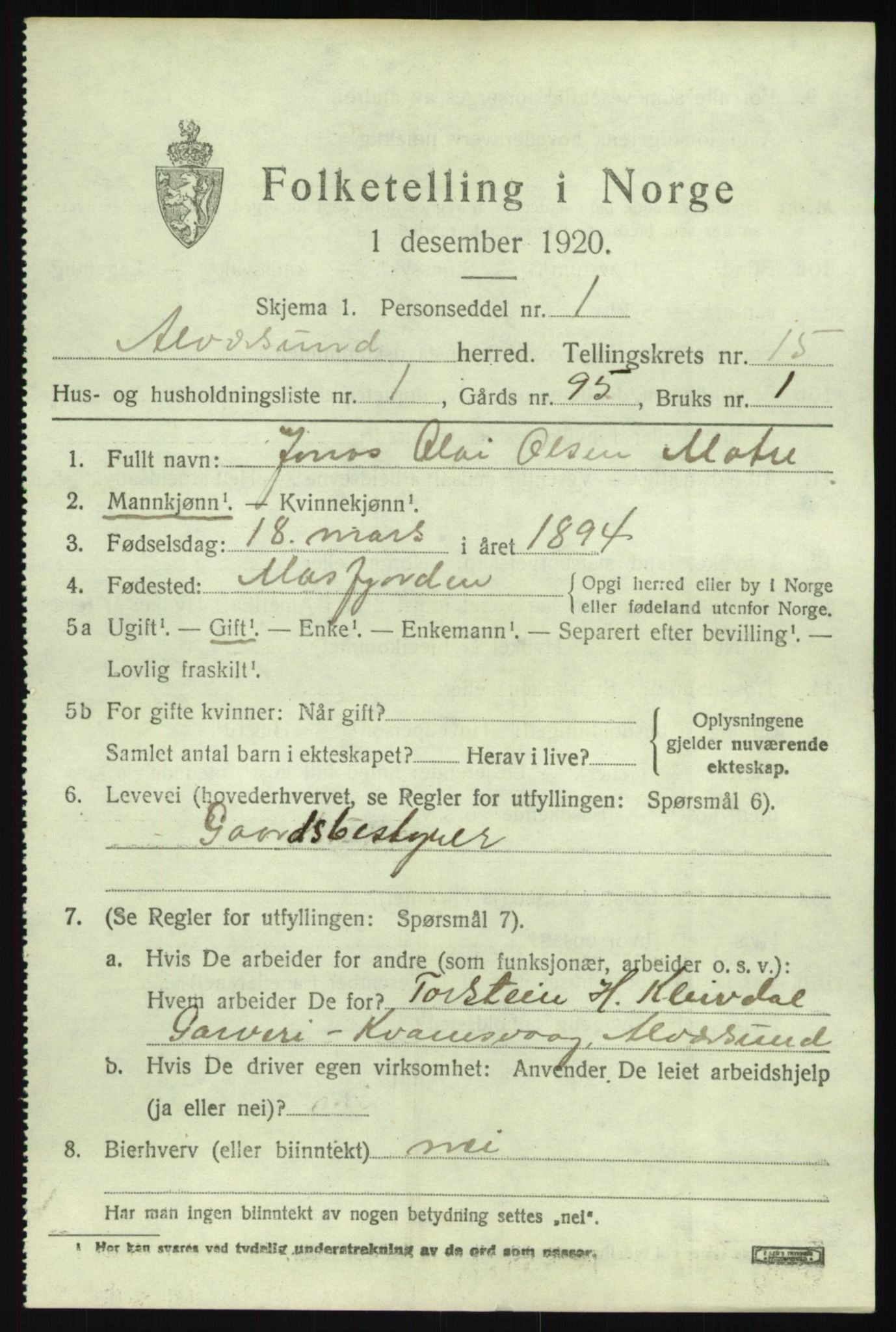 SAB, 1920 census for Alversund, 1920, p. 8246