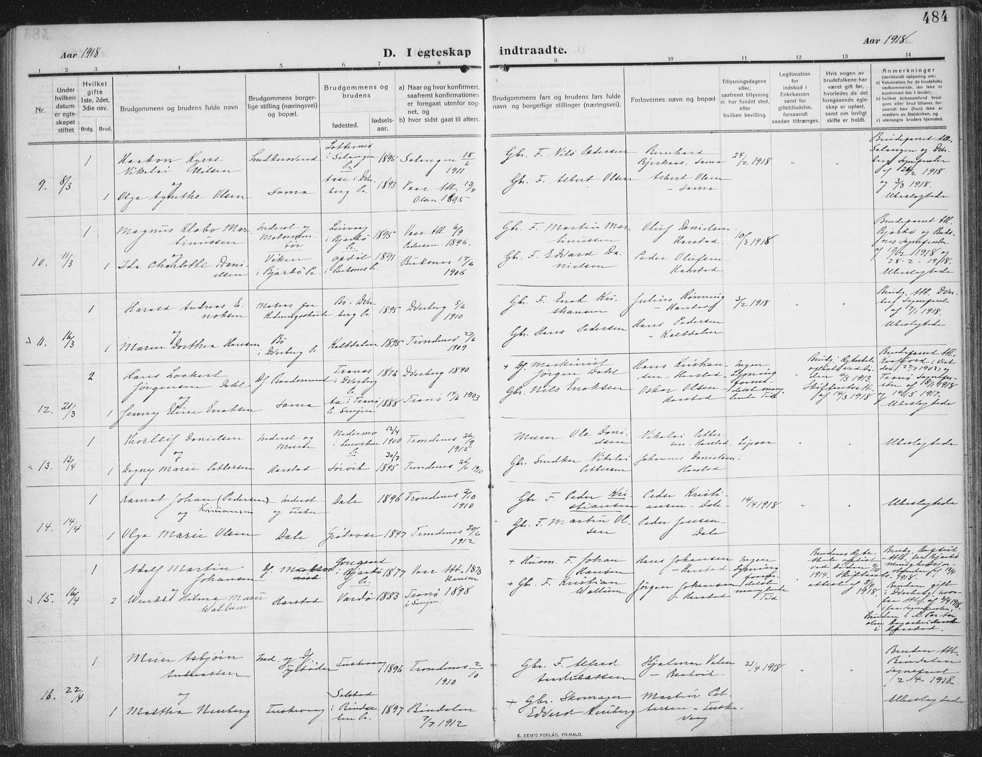 Trondenes sokneprestkontor, SATØ/S-1319/H/Ha/L0018kirke: Parish register (official) no. 18, 1909-1918, p. 484