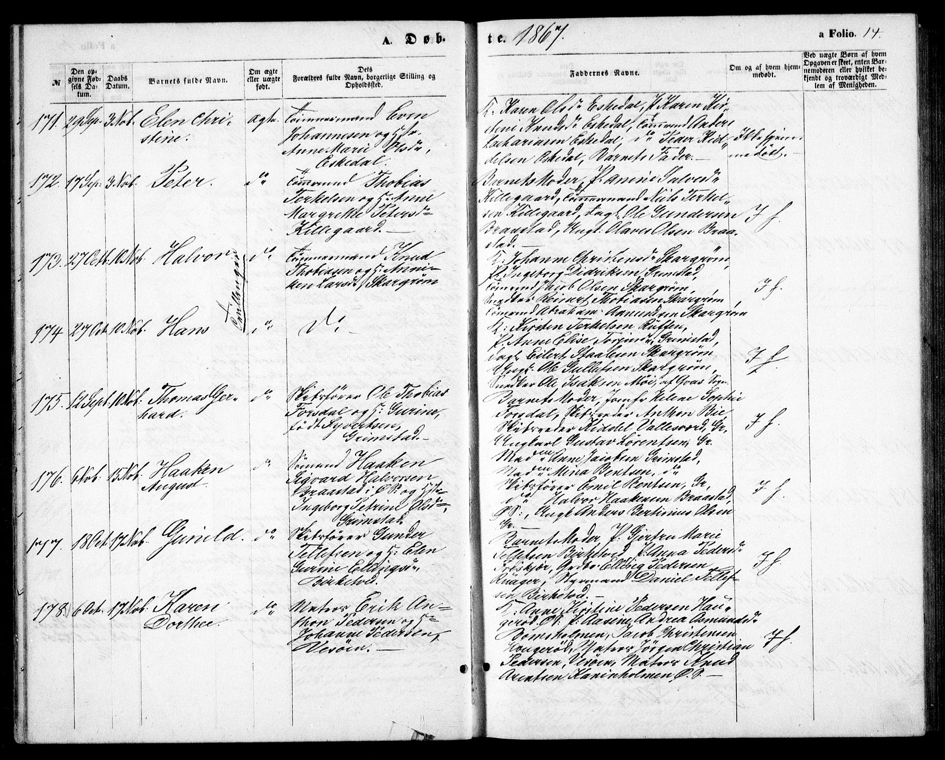 Fjære sokneprestkontor, AV/SAK-1111-0011/F/Fb/L0009: Parish register (copy) no. B 9, 1867-1870, p. 14