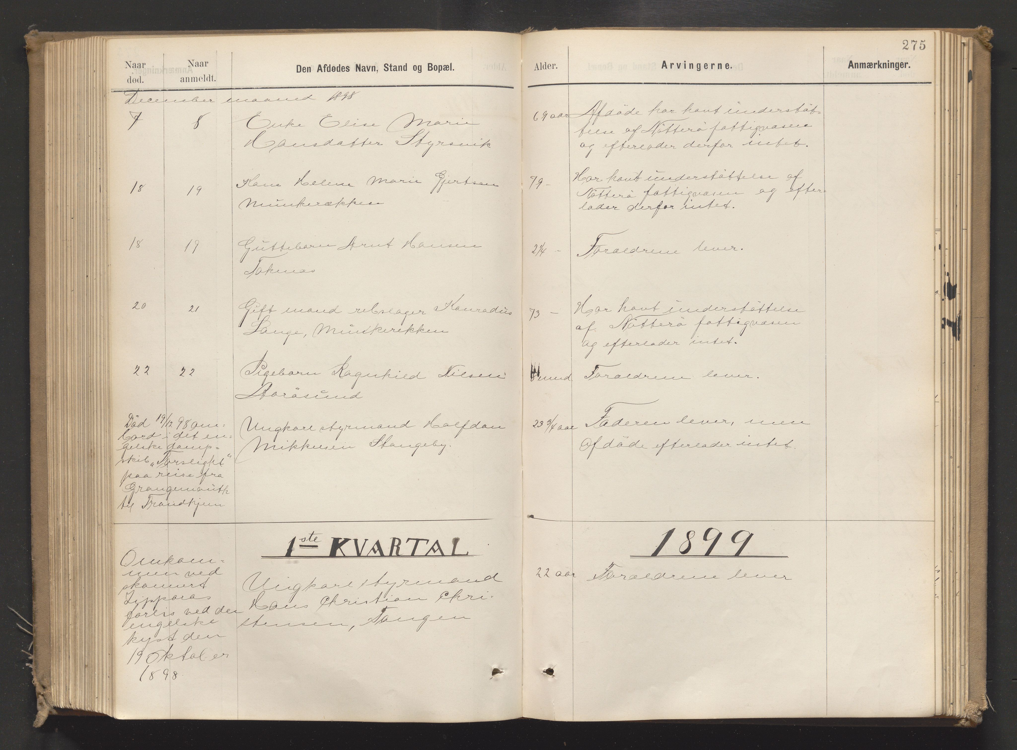 Søndre Jarlsberg sorenskriveri, AV/SAKO-A-129/H/Ha/Hab/L0005: Dødsmeldingsprotokoll, 1884-1902, p. 275