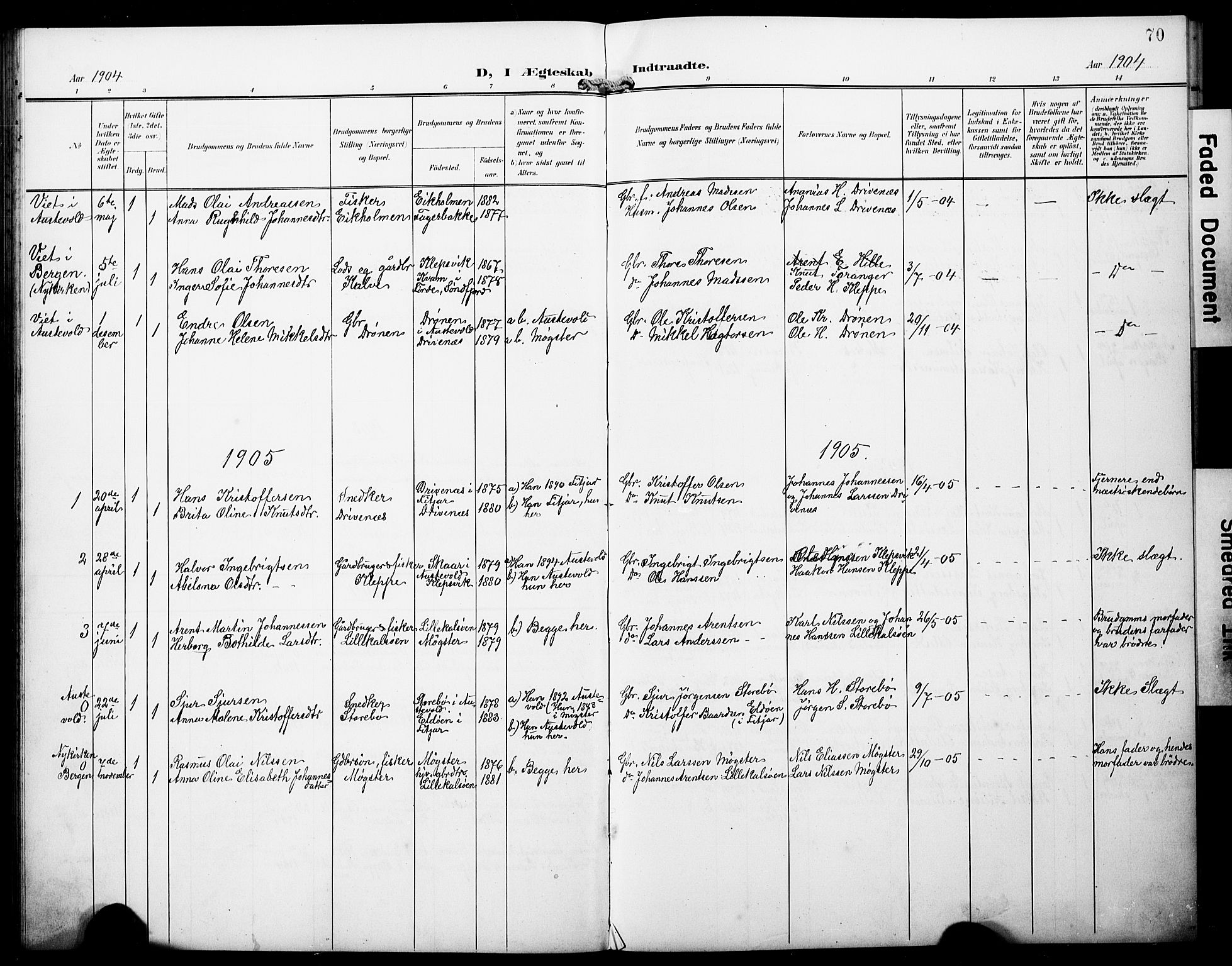 Austevoll Sokneprestembete, SAB/A-74201/H/Hab: Parish register (copy) no. B 5, 1902-1910, p. 70