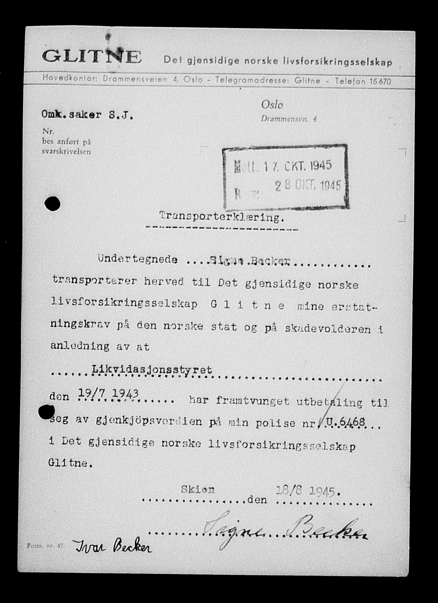 Justisdepartementet, Tilbakeføringskontoret for inndratte formuer, AV/RA-S-1564/H/Hc/Hcd/L0989: --, 1945-1947, p. 433