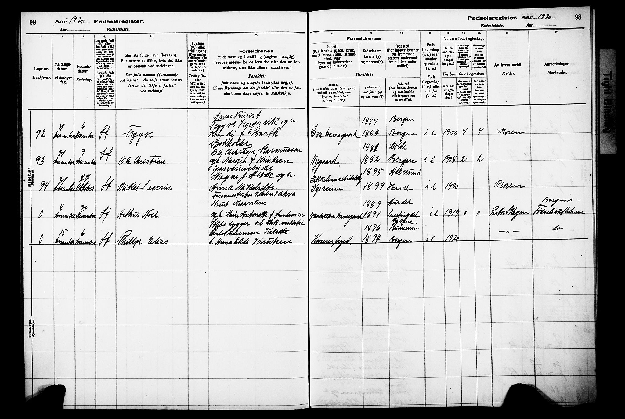 Laksevåg Sokneprestembete, AV/SAB-A-76501/I/Id/L00A1: Birth register no. A 1, 1916-1926, p. 98