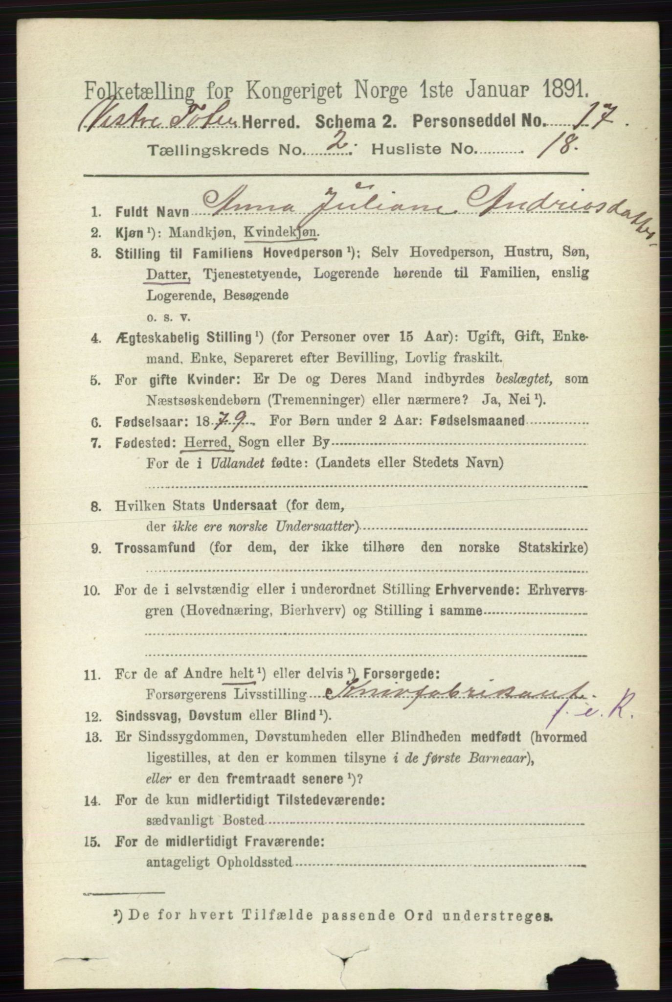 RA, 1891 census for 0529 Vestre Toten, 1891, p. 1501