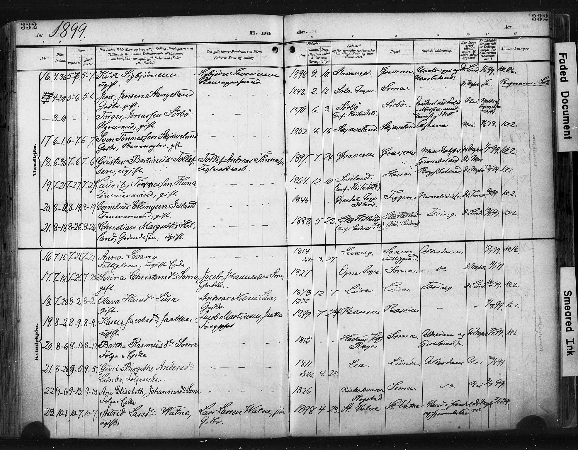 Høyland sokneprestkontor, AV/SAST-A-101799/001/30BA/L0015: Parish register (official) no. A 14, 1899-1911, p. 332