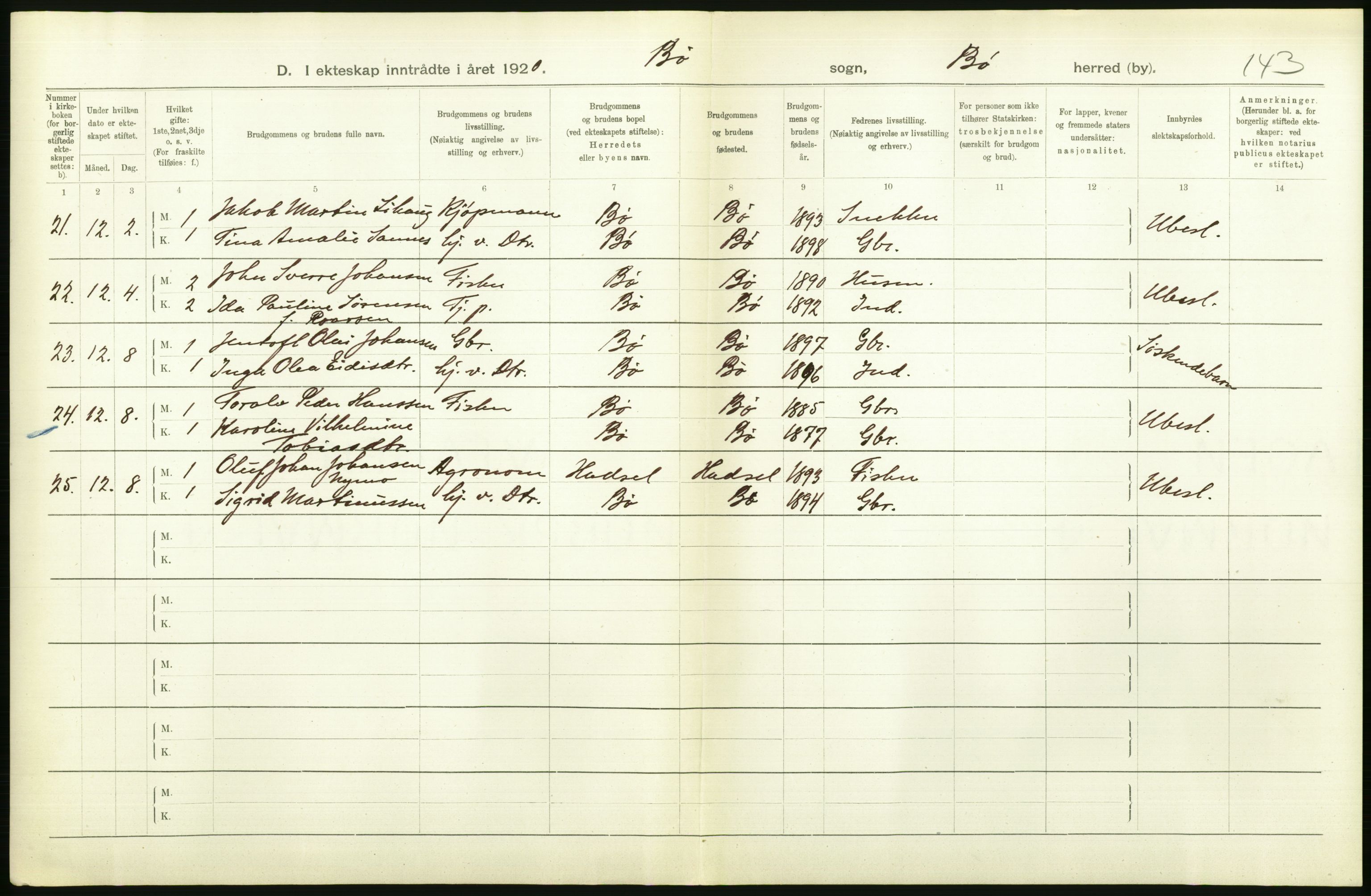 Statistisk sentralbyrå, Sosiodemografiske emner, Befolkning, AV/RA-S-2228/D/Df/Dfb/Dfbj/L0057: Nordland fylke: Gifte, dødfødte. Bygder og byer., 1920, p. 278