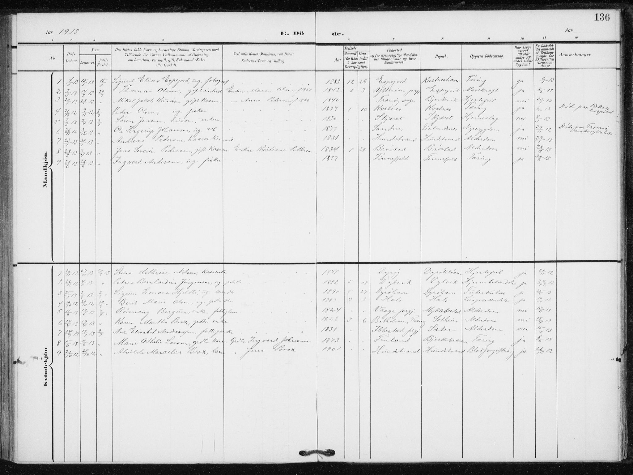 Tranøy sokneprestkontor, SATØ/S-1313/I/Ia/Iaa/L0013kirke: Parish register (official) no. 13, 1905-1922, p. 136