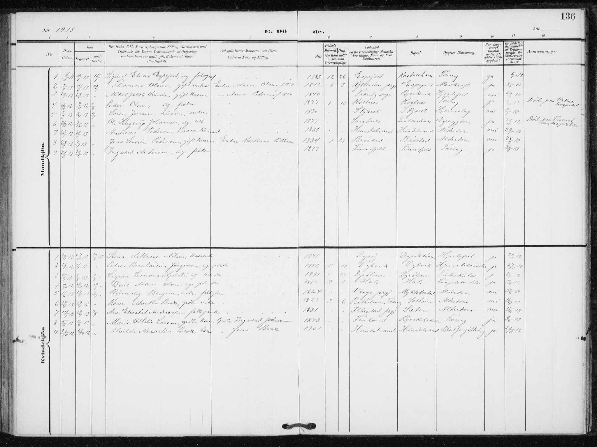 Tranøy sokneprestkontor, AV/SATØ-S-1313/I/Ia/Iaa/L0013kirke: Parish register (official) no. 13, 1905-1922, p. 136