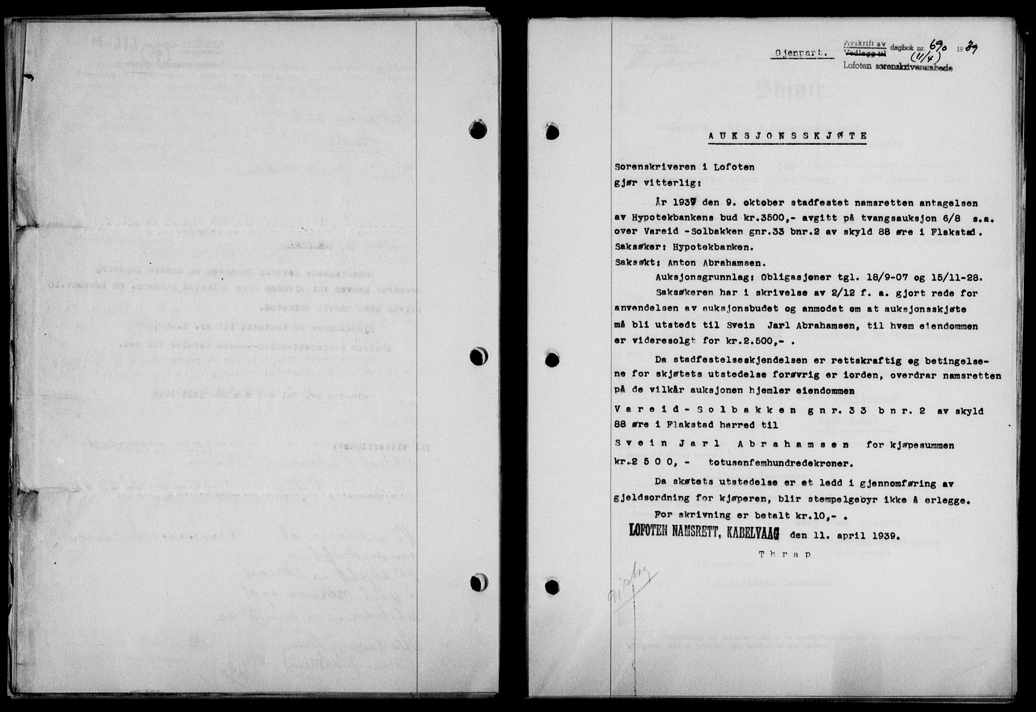 Lofoten sorenskriveri, SAT/A-0017/1/2/2C/L0005a: Mortgage book no. 5a, 1939-1939, Diary no: : 690/1939