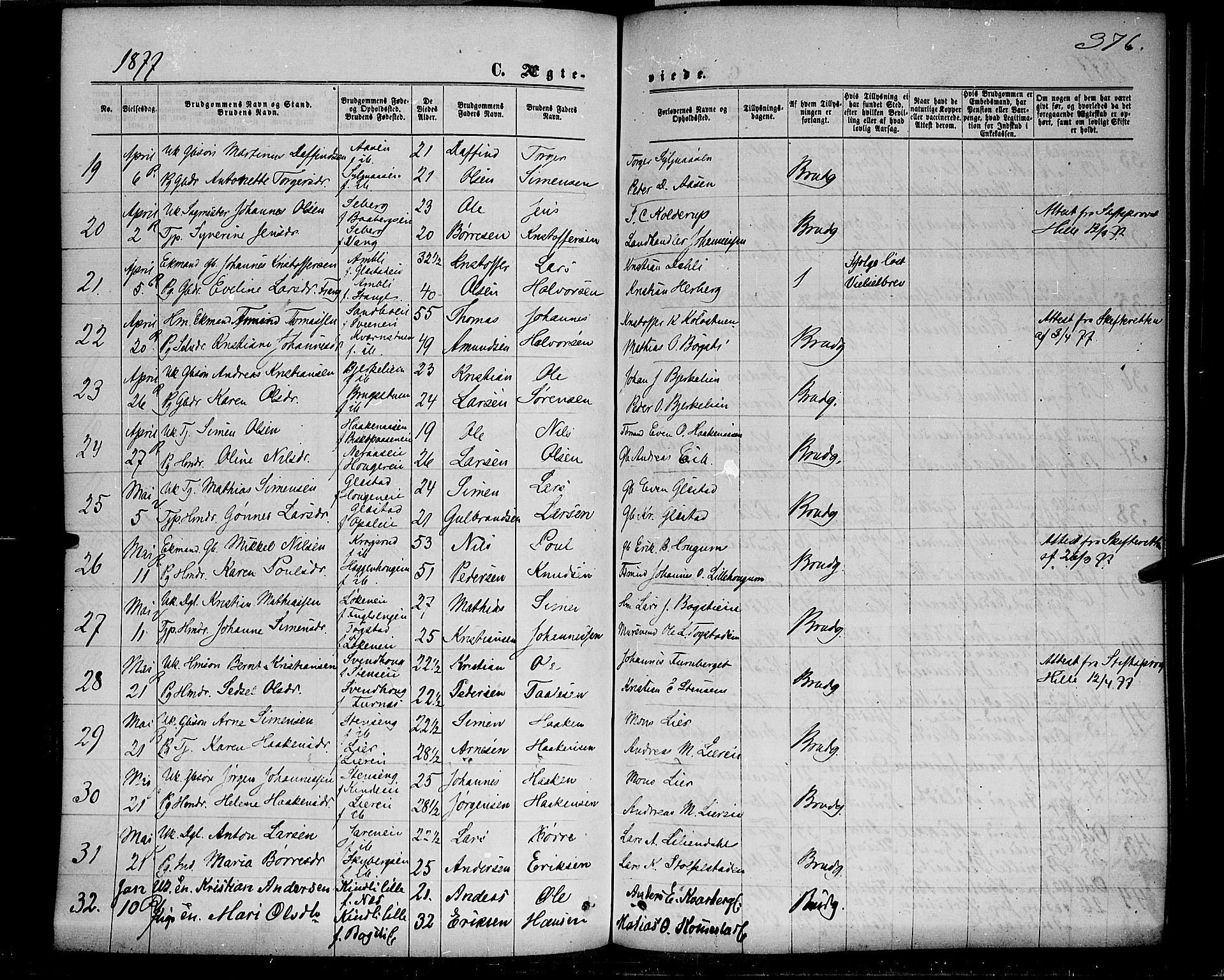 Ringsaker prestekontor, AV/SAH-PREST-014/K/Ka/L0011: Parish register (official) no. 11, 1870-1878, p. 376