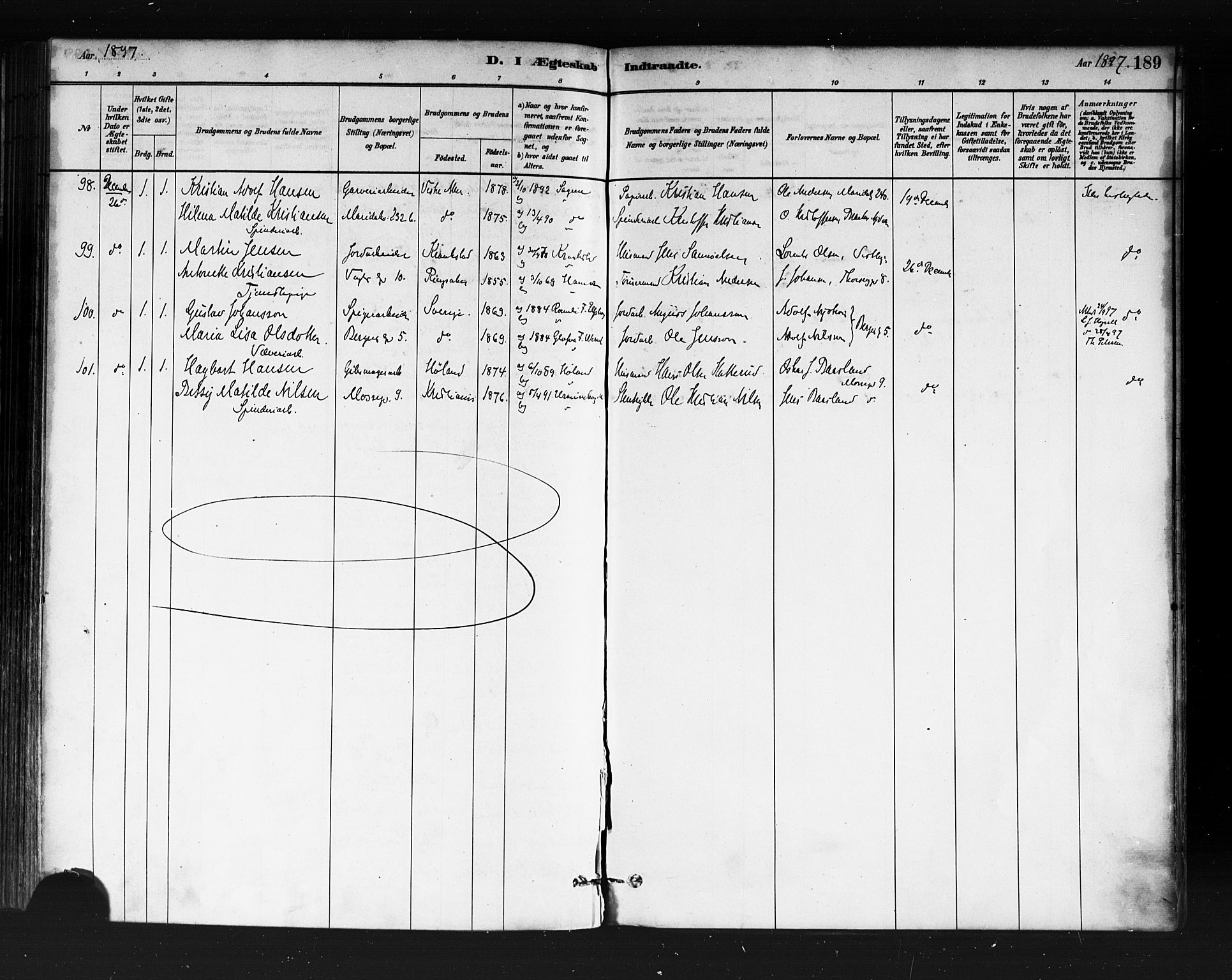 Sagene prestekontor Kirkebøker, AV/SAO-A-10796/F/L0002: Parish register (official) no. 2, 1880-1897, p. 189