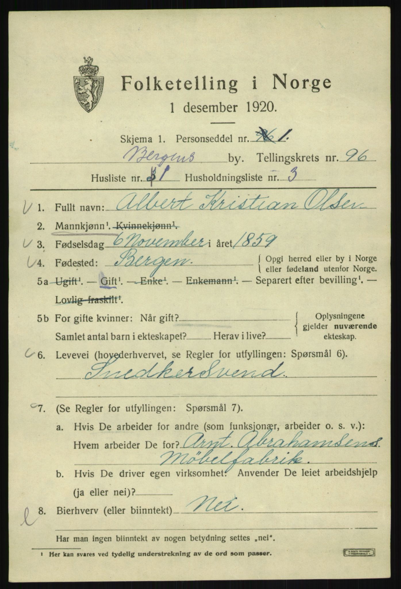 SAB, 1920 census for Bergen, 1920, p. 169902