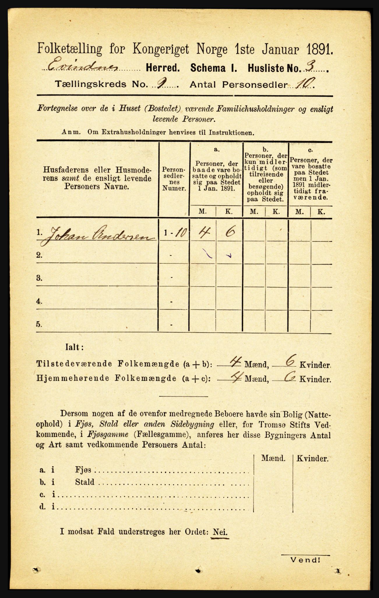 RA, 1891 census for 1853 Evenes, 1891, p. 2762