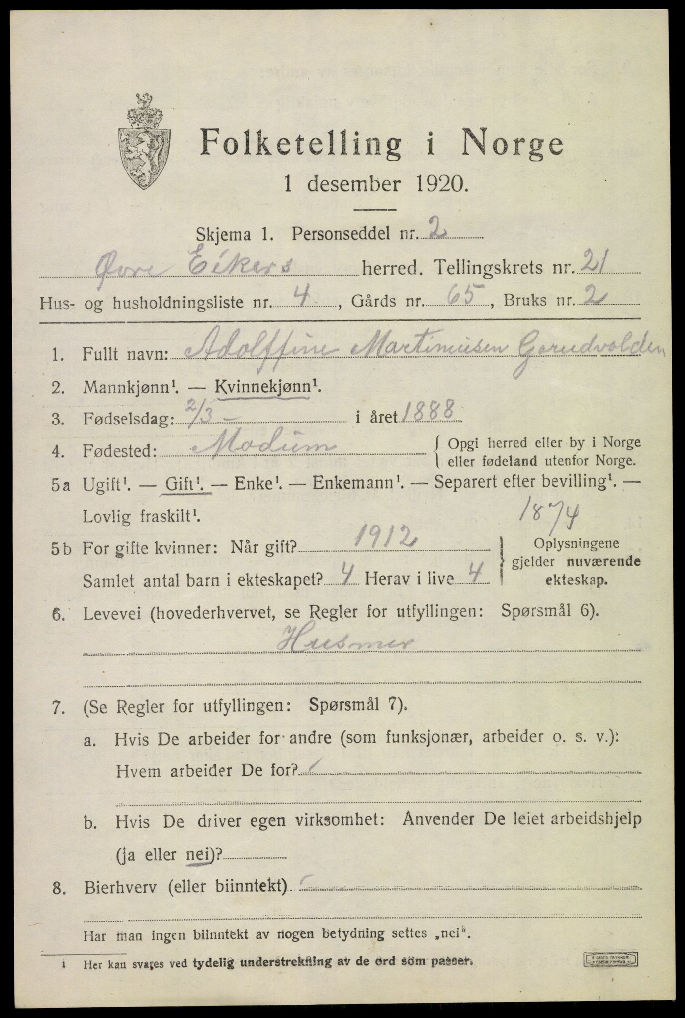 SAKO, 1920 census for Øvre Eiker, 1920, p. 22652