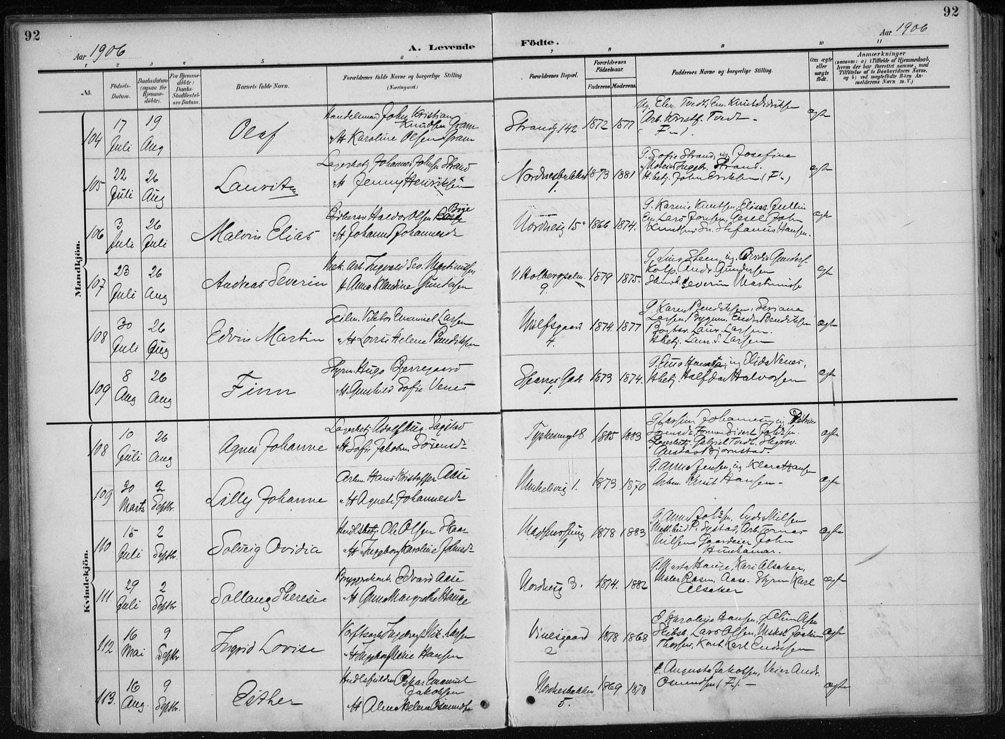 Nykirken Sokneprestembete, AV/SAB-A-77101/H/Haa/L0019: Parish register (official) no. B 7, 1904-1916, p. 92