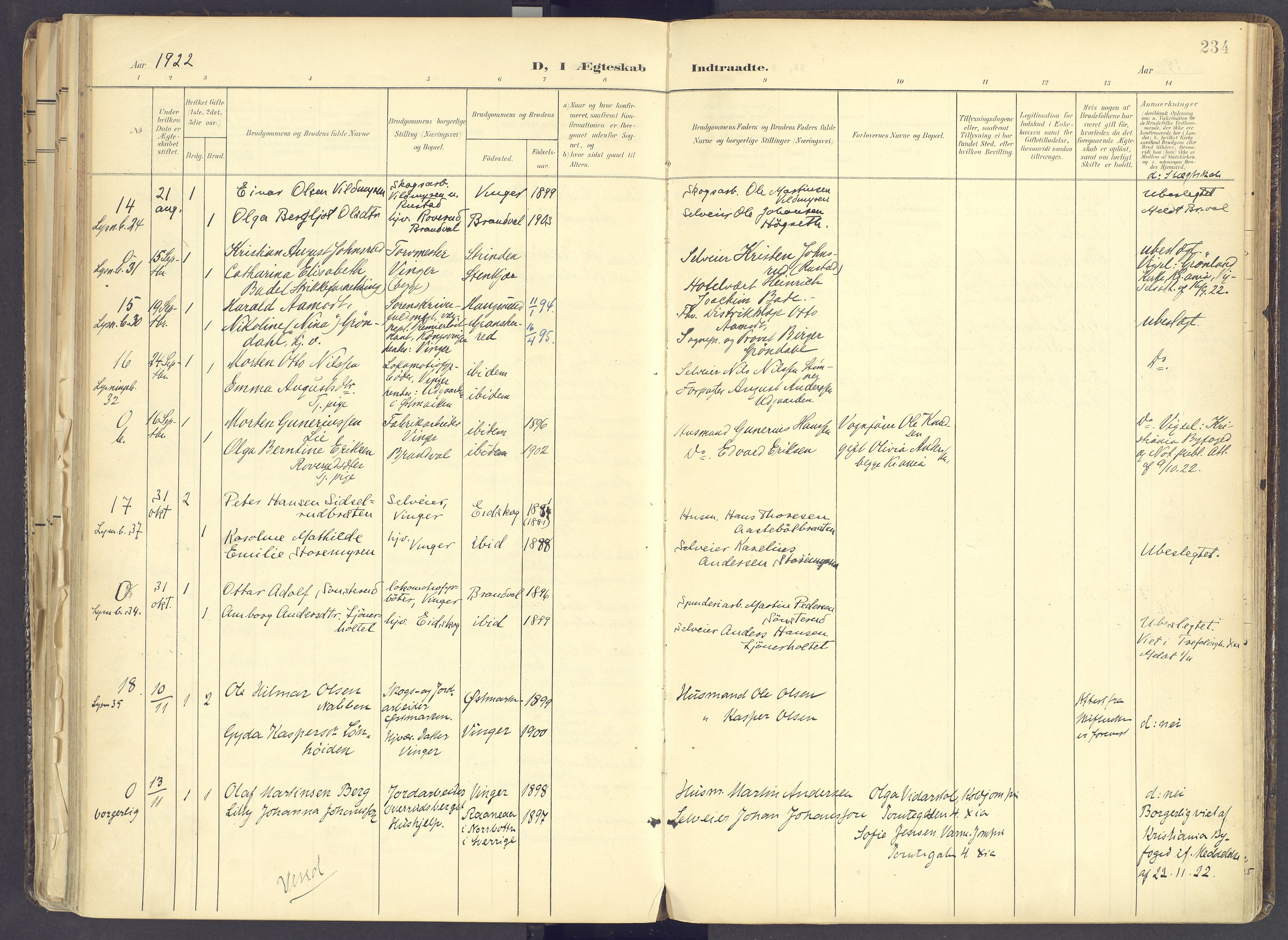 Vinger prestekontor, AV/SAH-PREST-024/H/Ha/Haa/L0017: Parish register (official) no. 17, 1901-1927, p. 234