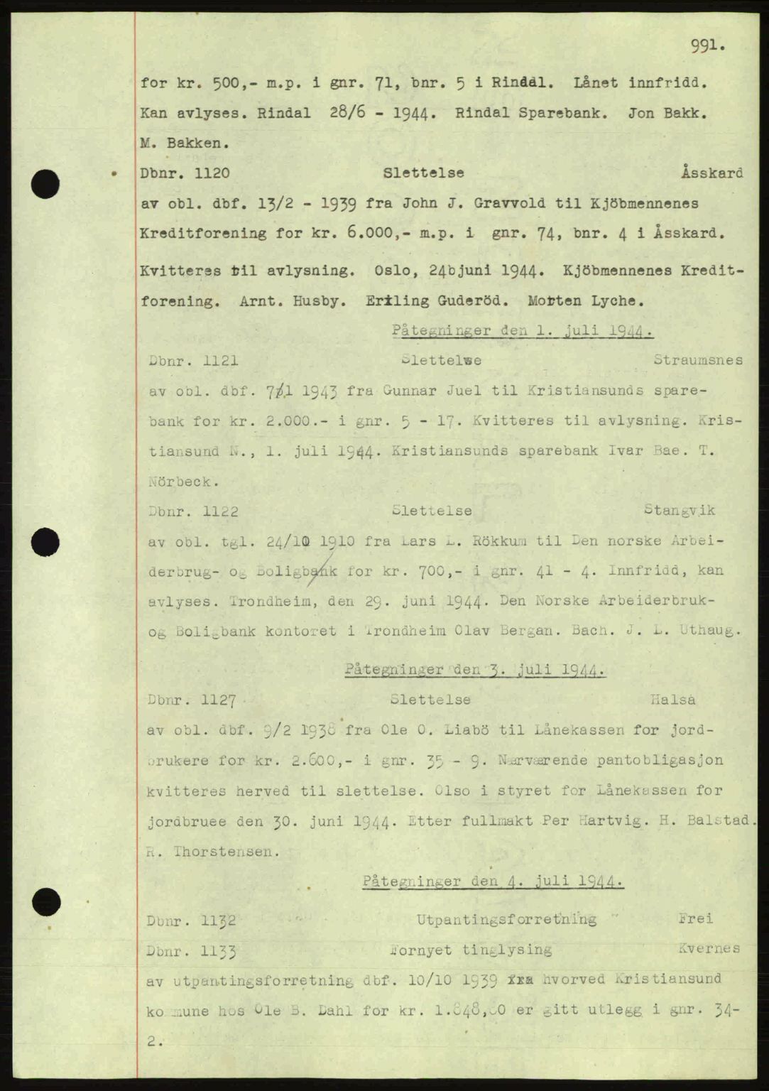 Nordmøre sorenskriveri, AV/SAT-A-4132/1/2/2Ca: Mortgage book no. C81, 1940-1945, Diary no: : 1120/1944