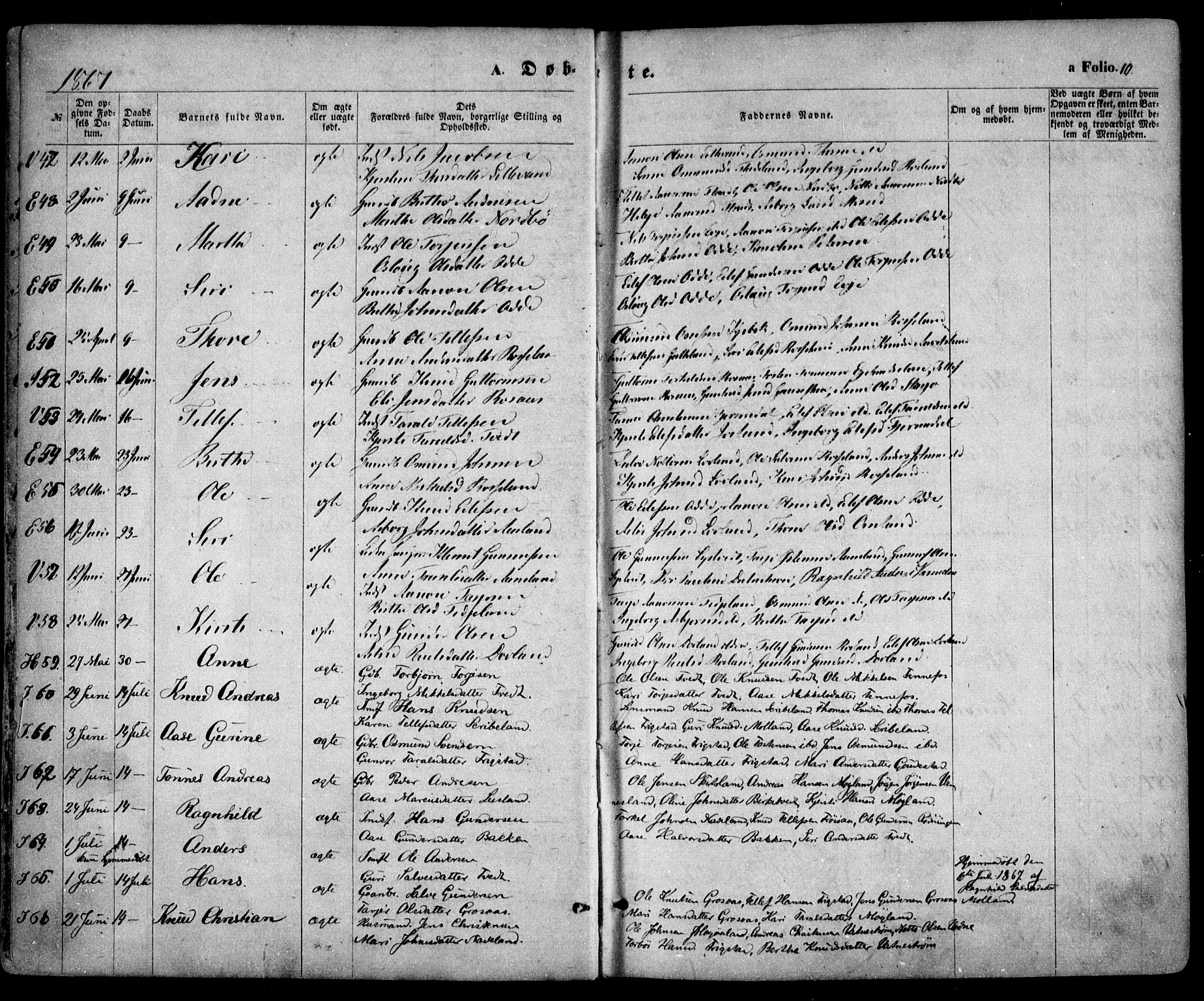 Evje sokneprestkontor, AV/SAK-1111-0008/F/Fa/Faa/L0006: Parish register (official) no. A 6, 1866-1884, p. 10