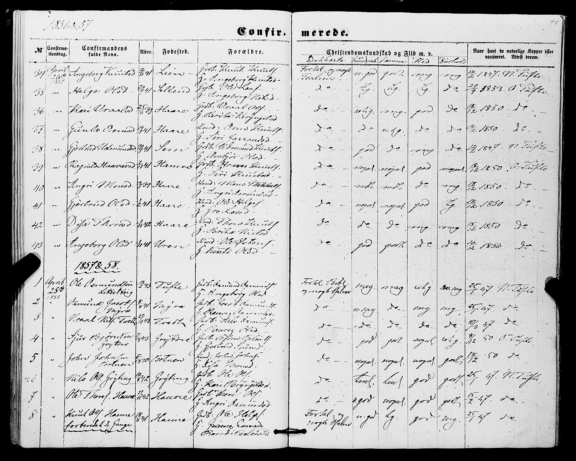 Røldal sokneprestembete, SAB/A-100247: Parish register (official) no. A 3, 1856-1870, p. 44