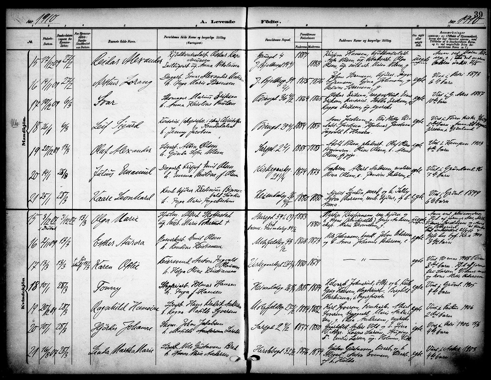 Tøyen prestekontor Kirkebøker, SAO/A-10167a/F/Fa/L0001: Parish register (official) no. 1, 1907-1916, p. 39