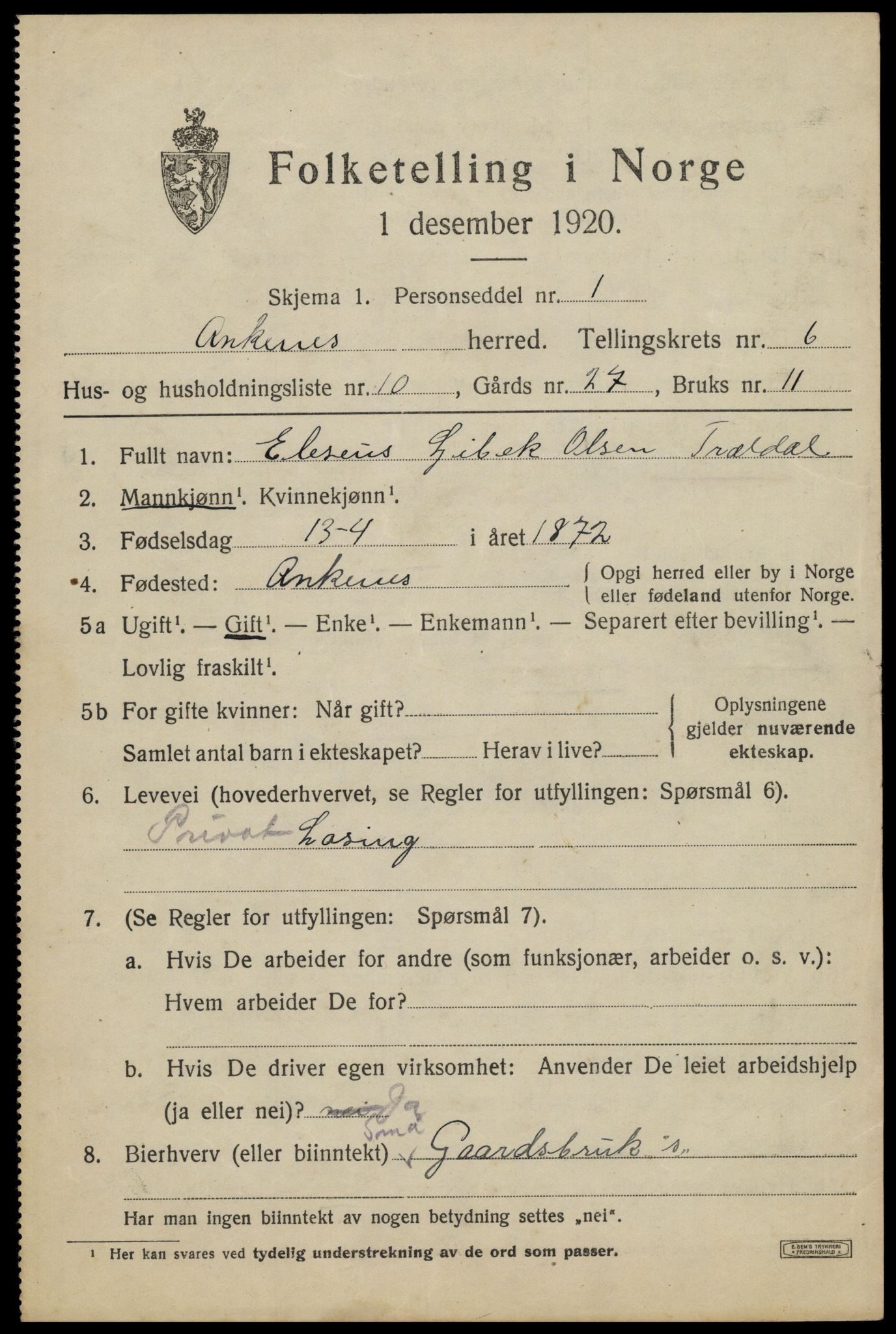 SAT, 1920 census for Ankenes, 1920, p. 3495